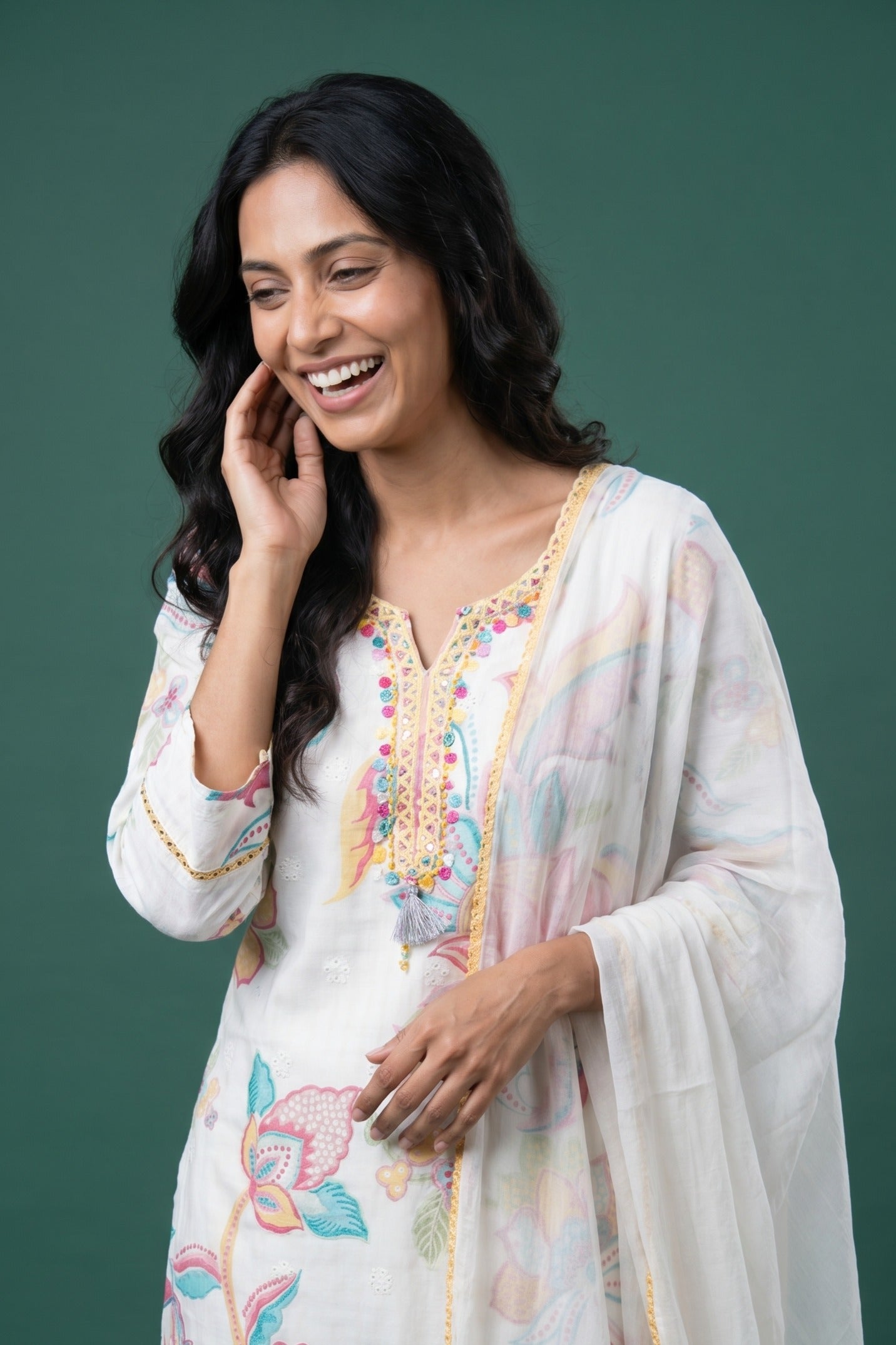 Ivory Cotton Salwar Kameez with Chikankari work and Kusuma Vana print