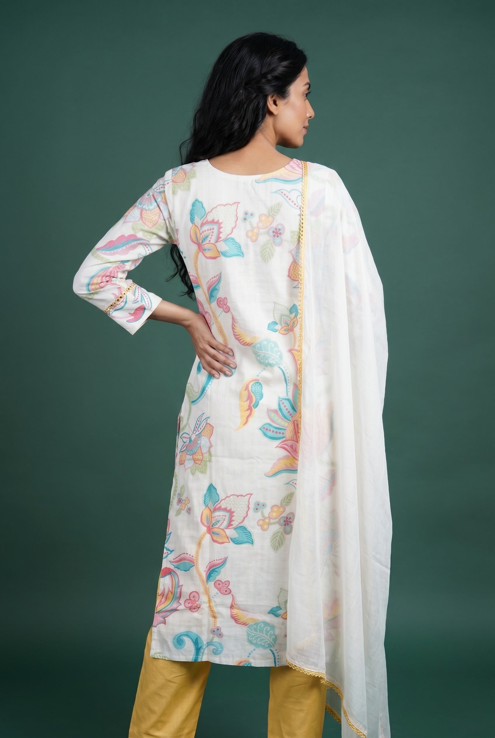Ivory Cotton Salwar Kameez with Chikankari work and Kusuma Vana print