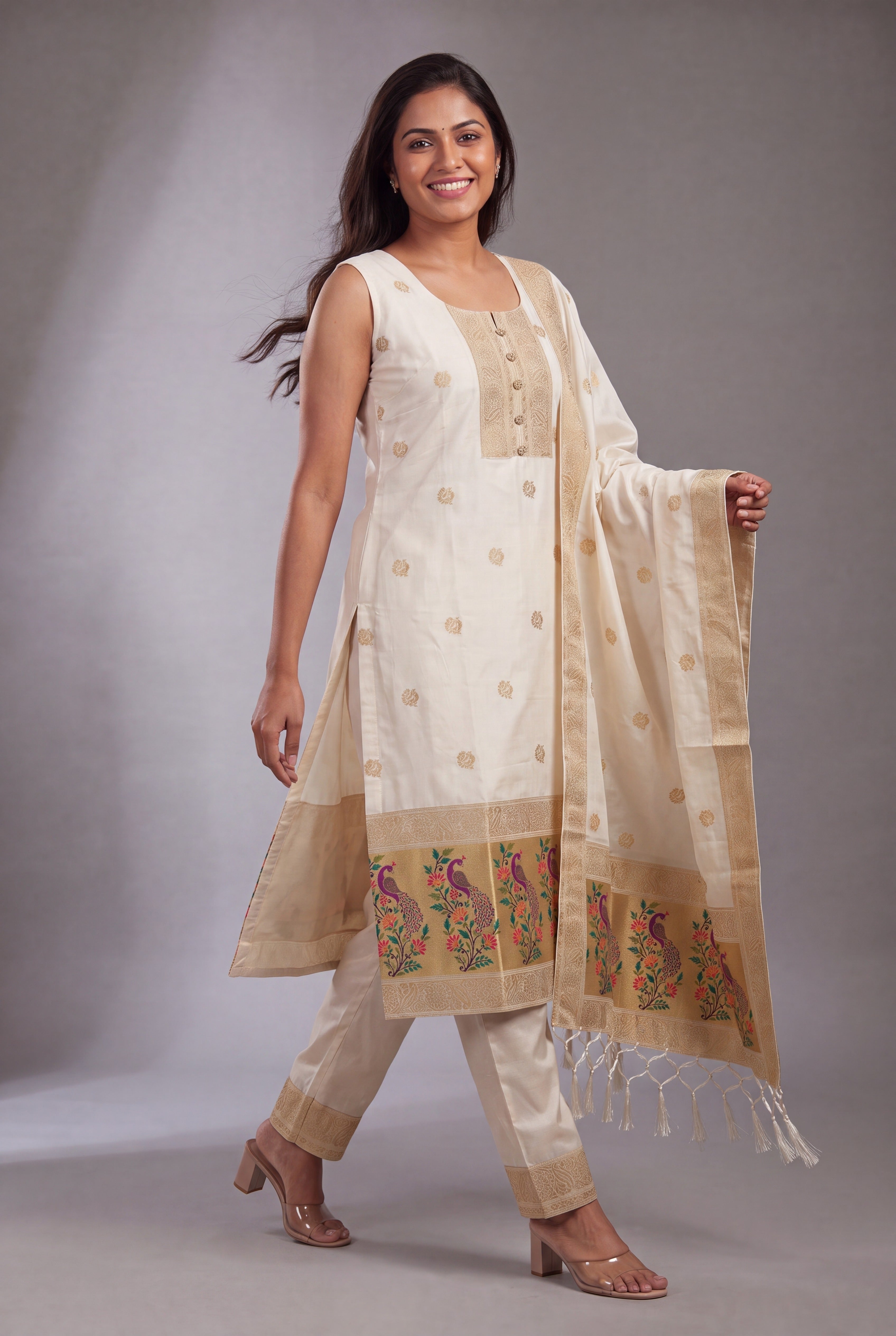 Ivory White Soft Silk Paithani Suit Set with Resham threadwork