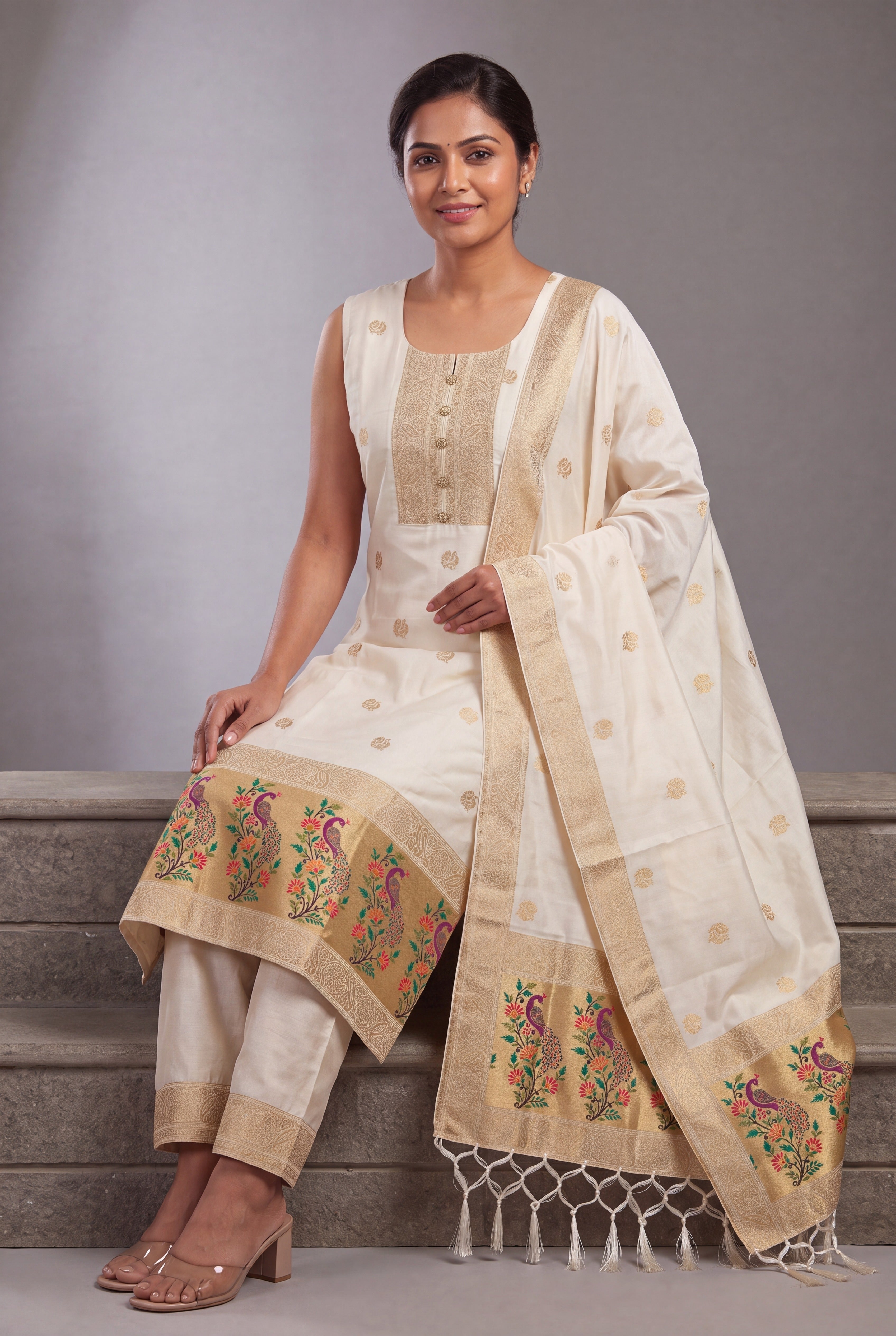 Ivory White Soft Silk Paithani Suit Set with Resham threadwork