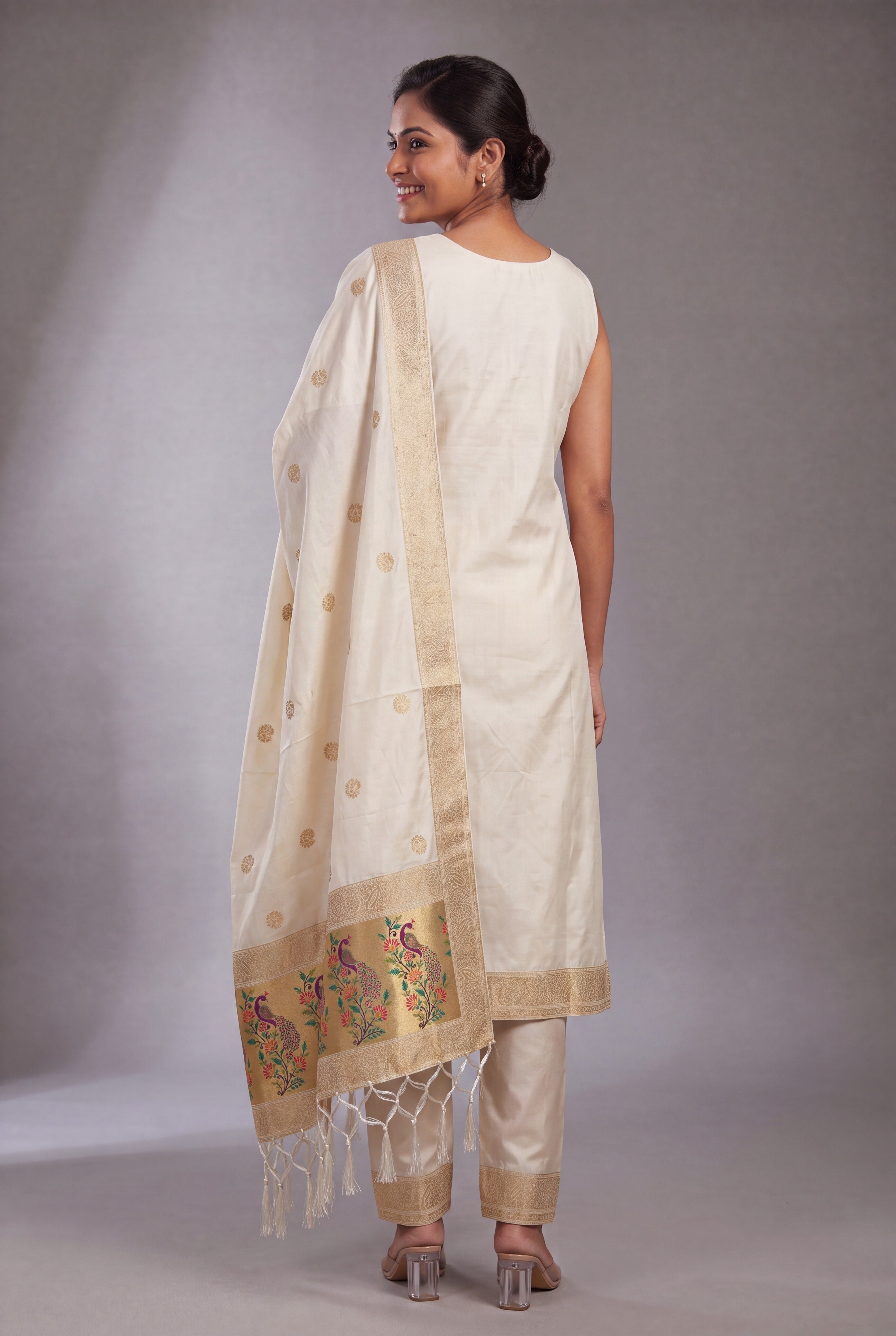 Ivory White Soft Silk Paithani Suit Set with Resham threadwork