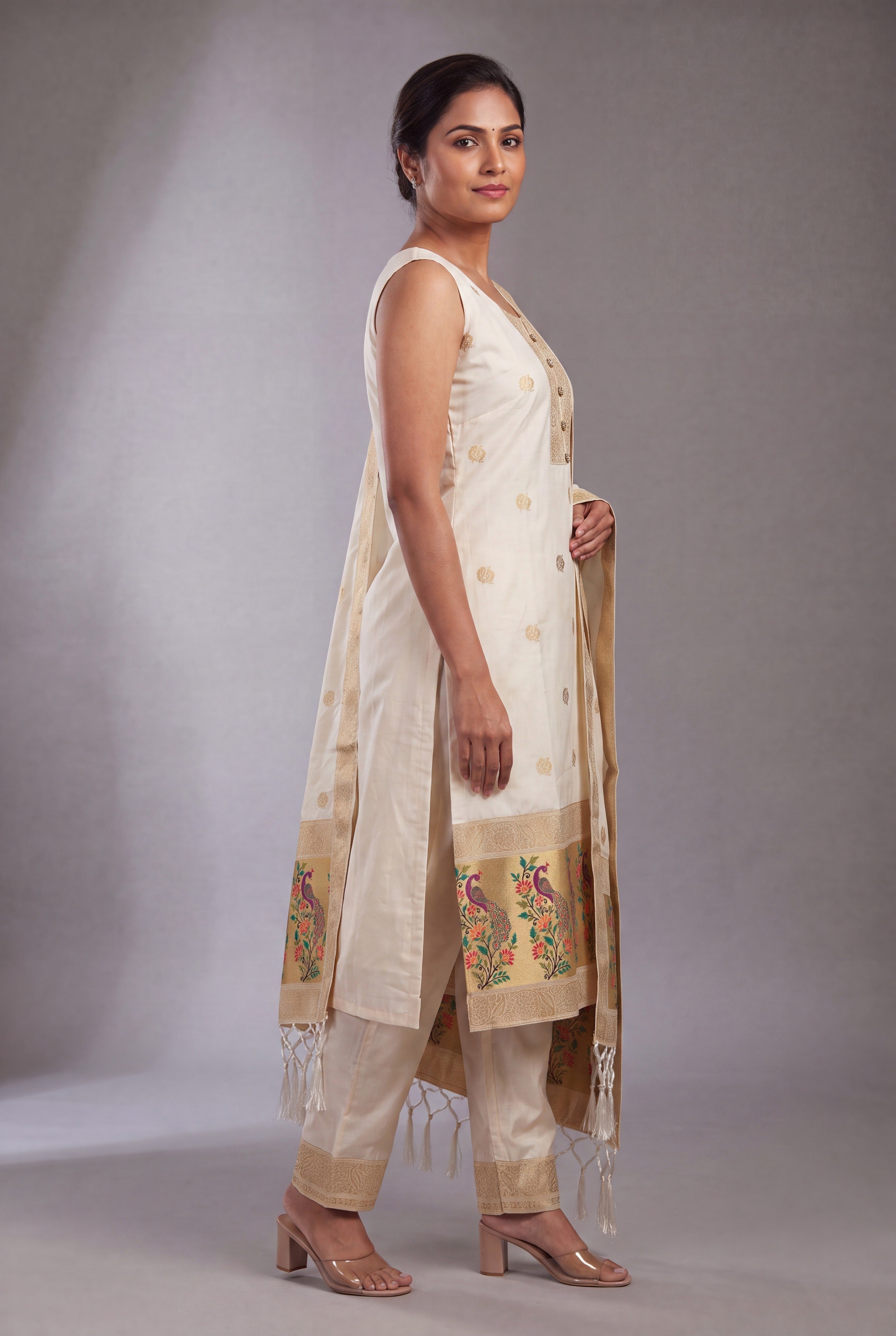 Ivory White Soft Silk Paithani Suit Set with Resham threadwork