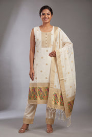 Ivory White Soft Silk Paithani Suit Set with Resham threadwork