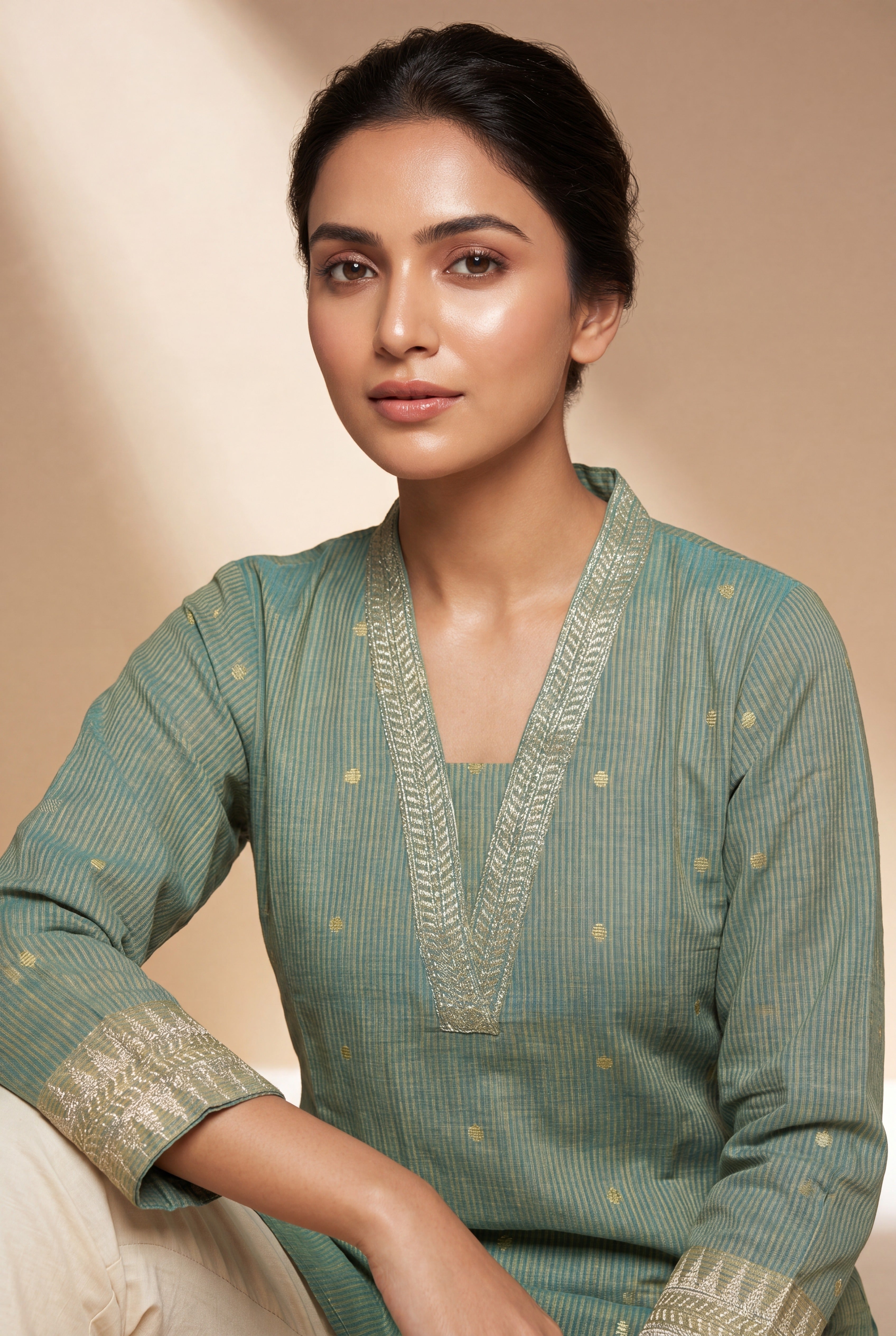 Jade Green Chandrika Cotton Kurti with Checks  and Zari embroidered collar and sleeves