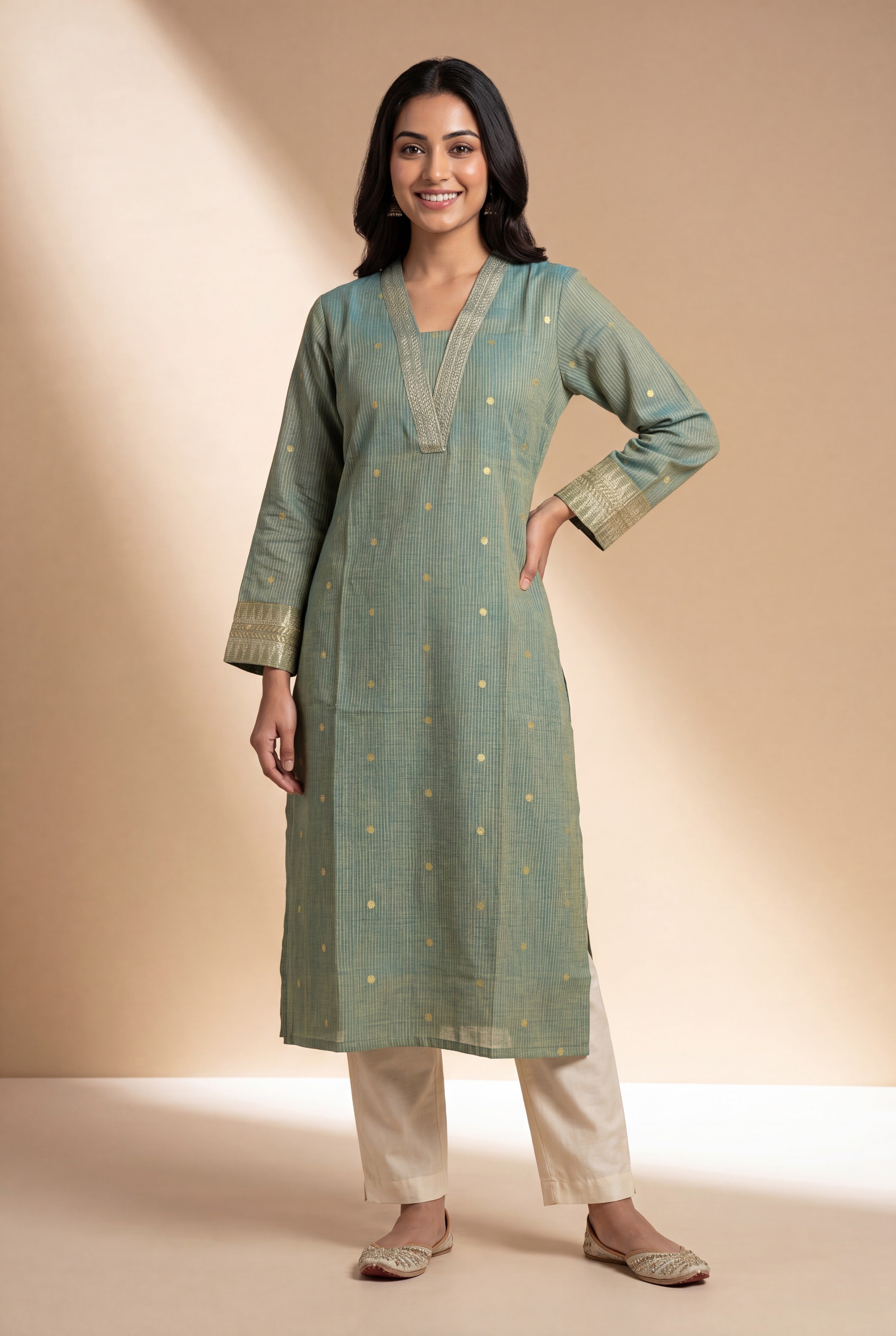 Jade Green Chandrika Cotton Kurti with Checks  and Zari embroidered collar and sleeves