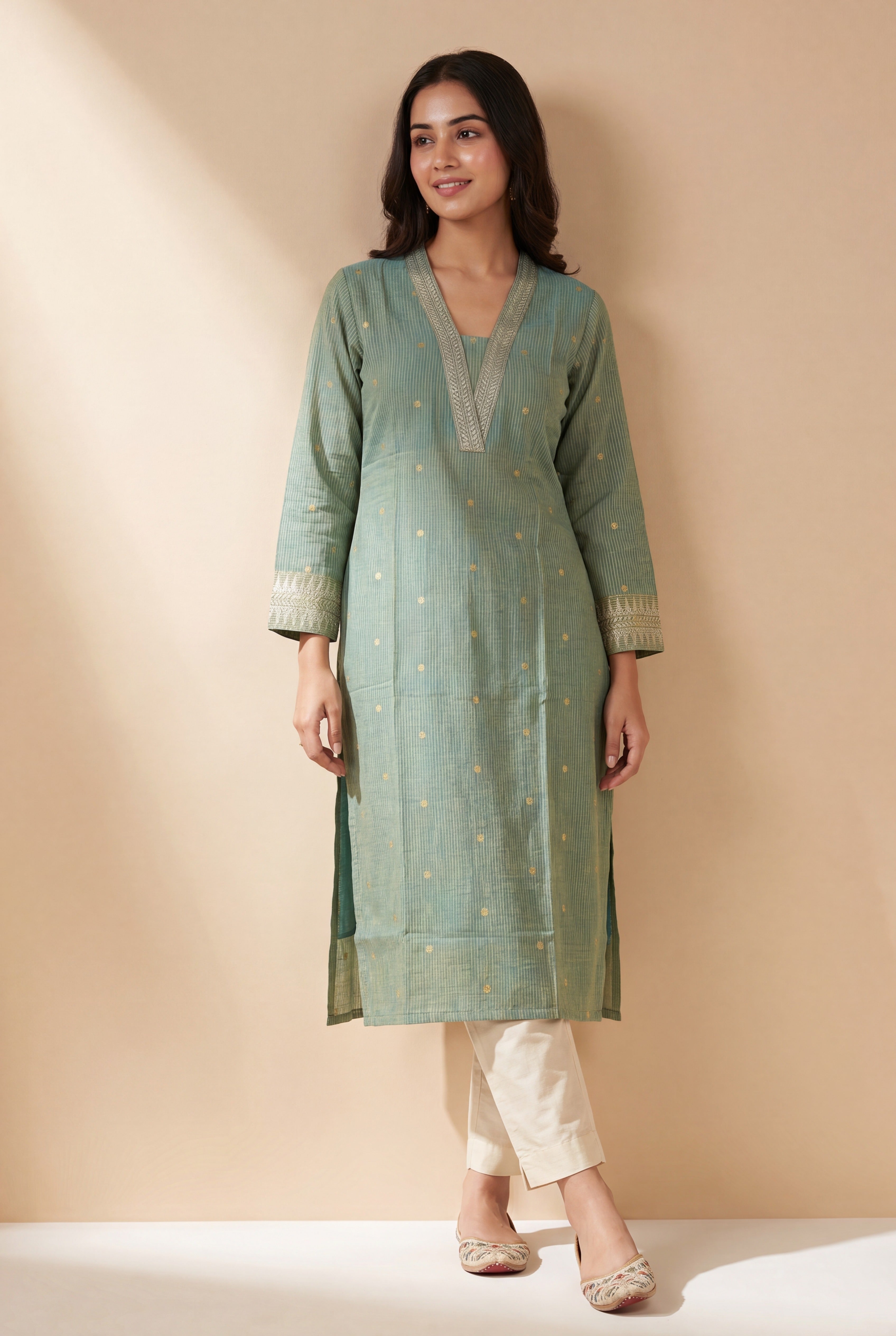 Jade Green Chandrika Cotton Kurti with Checks  and Zari embroidered collar and sleeves
