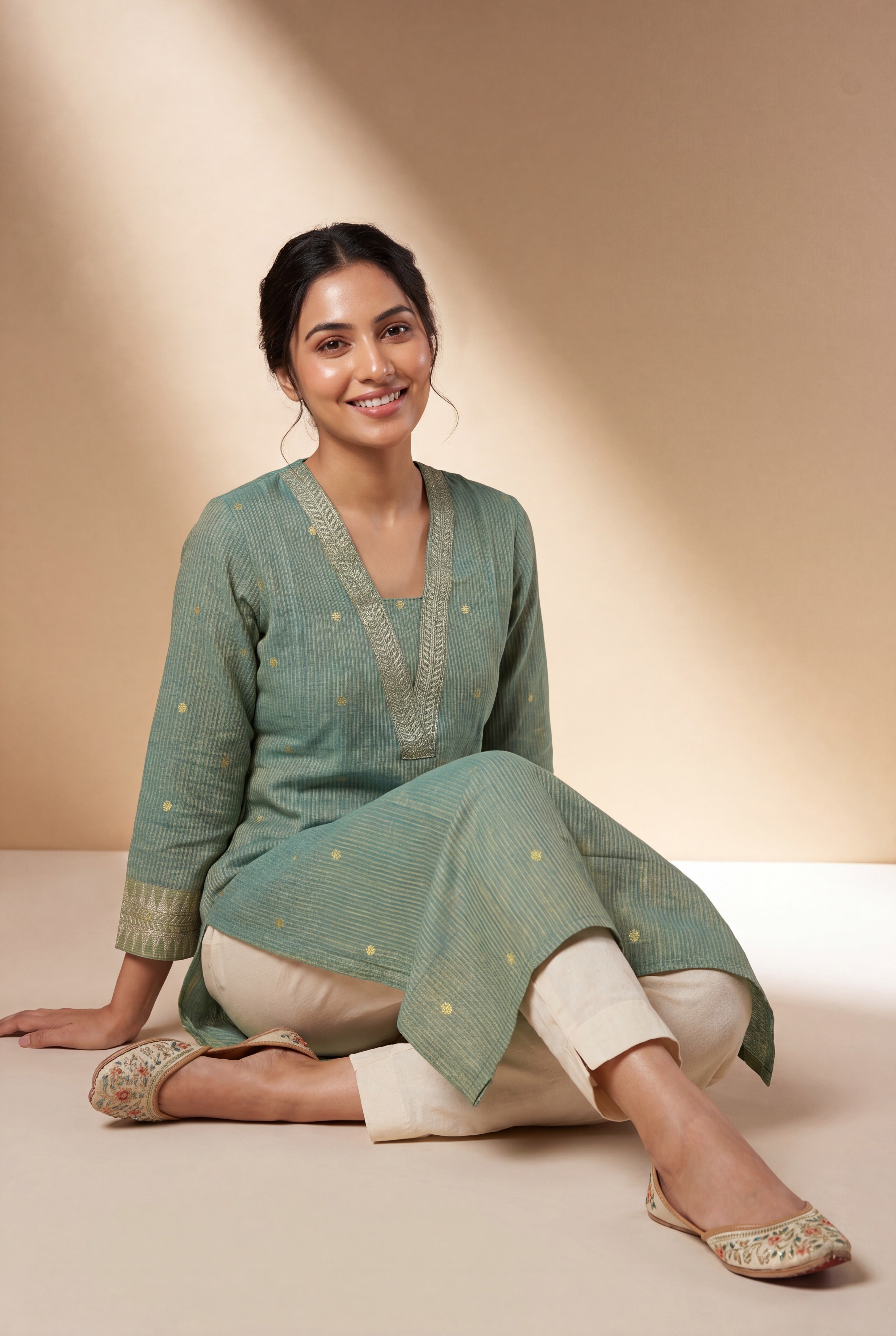 Jade Green Chandrika Cotton Kurti with Checks  and Zari embroidered collar and sleeves