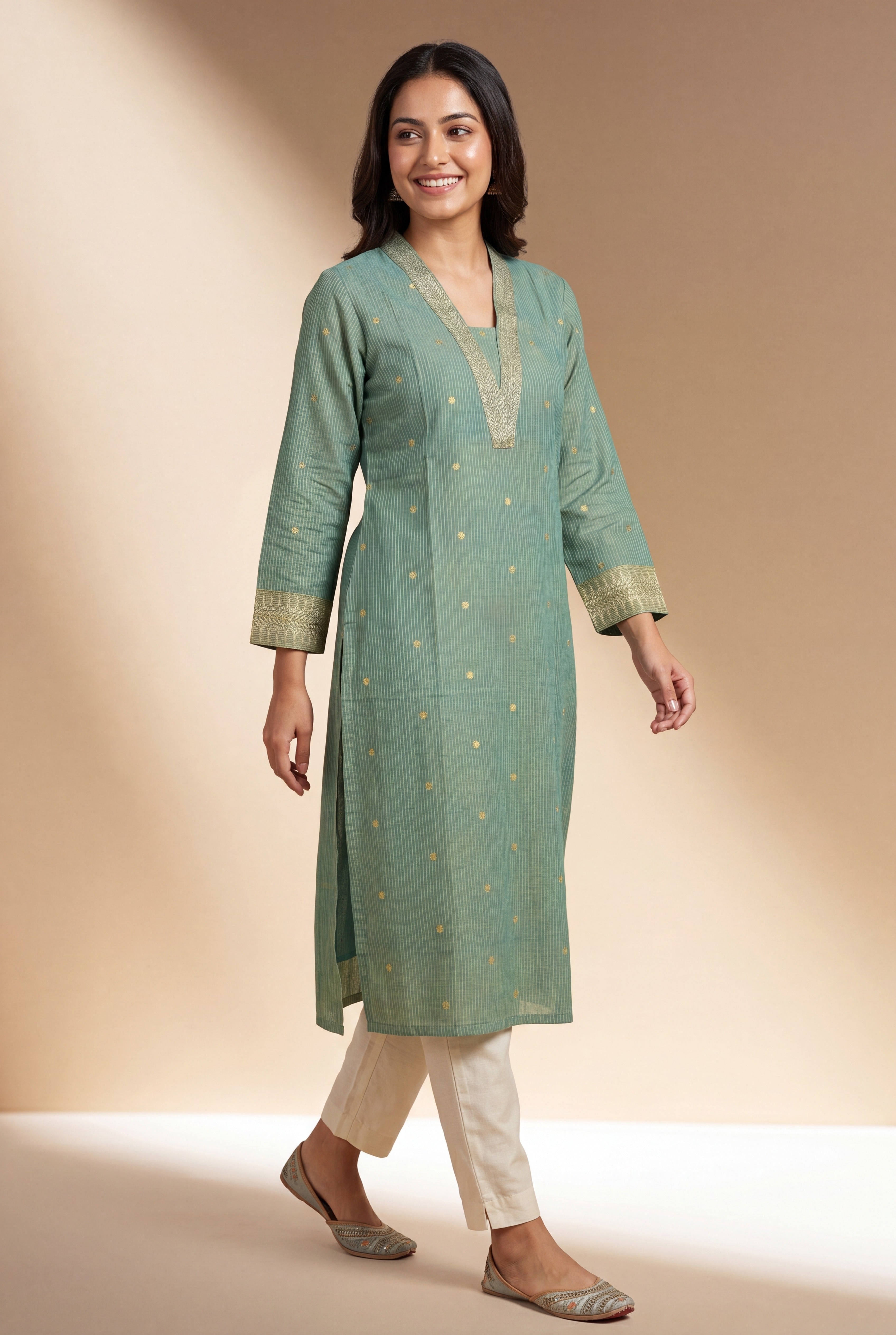 Jade Green Chandrika Cotton Kurti with Checks  and Zari embroidered collar and sleeves
