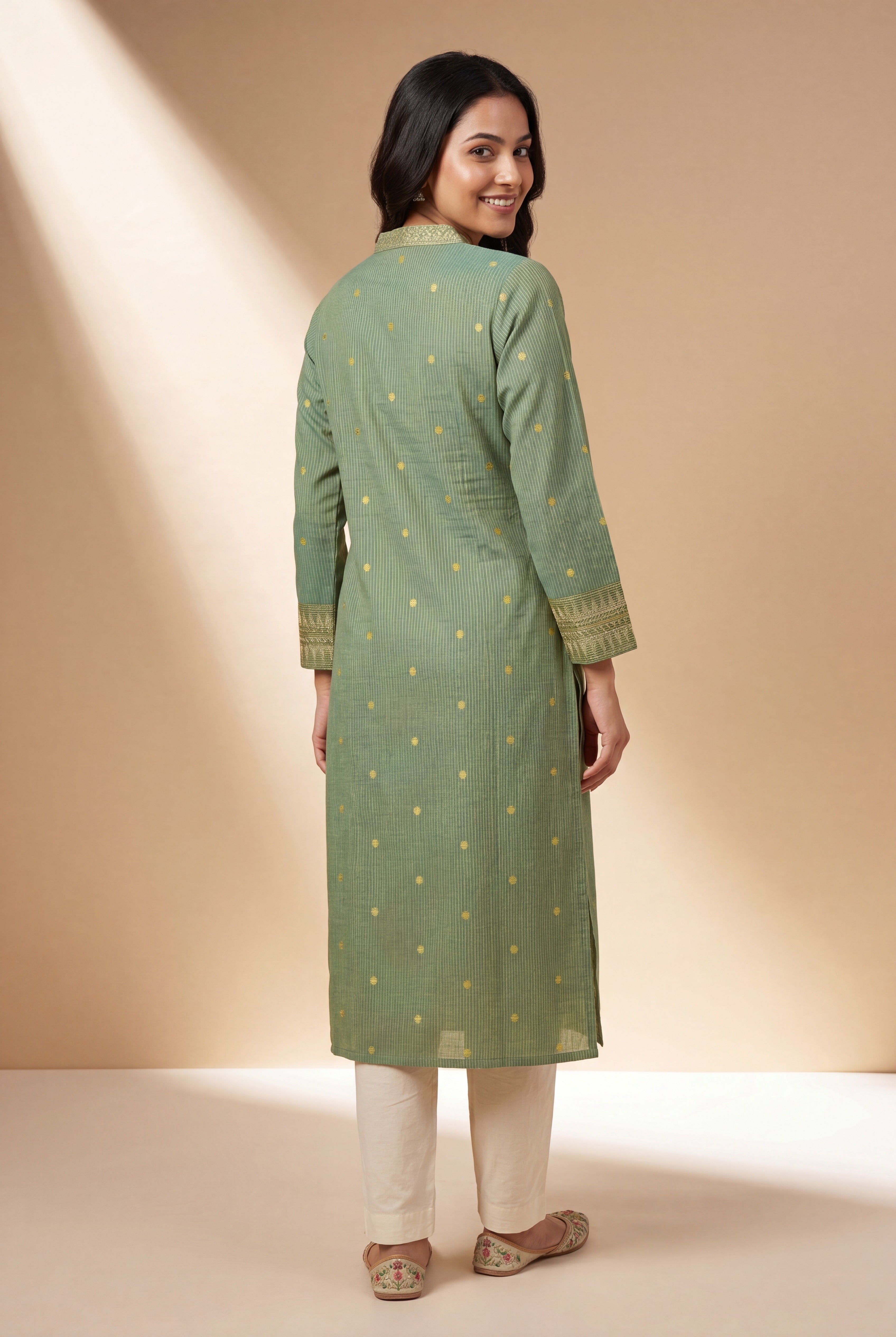 Jade Green Chandrika Cotton Kurti with Checks  and Zari embroidered collar and sleeves