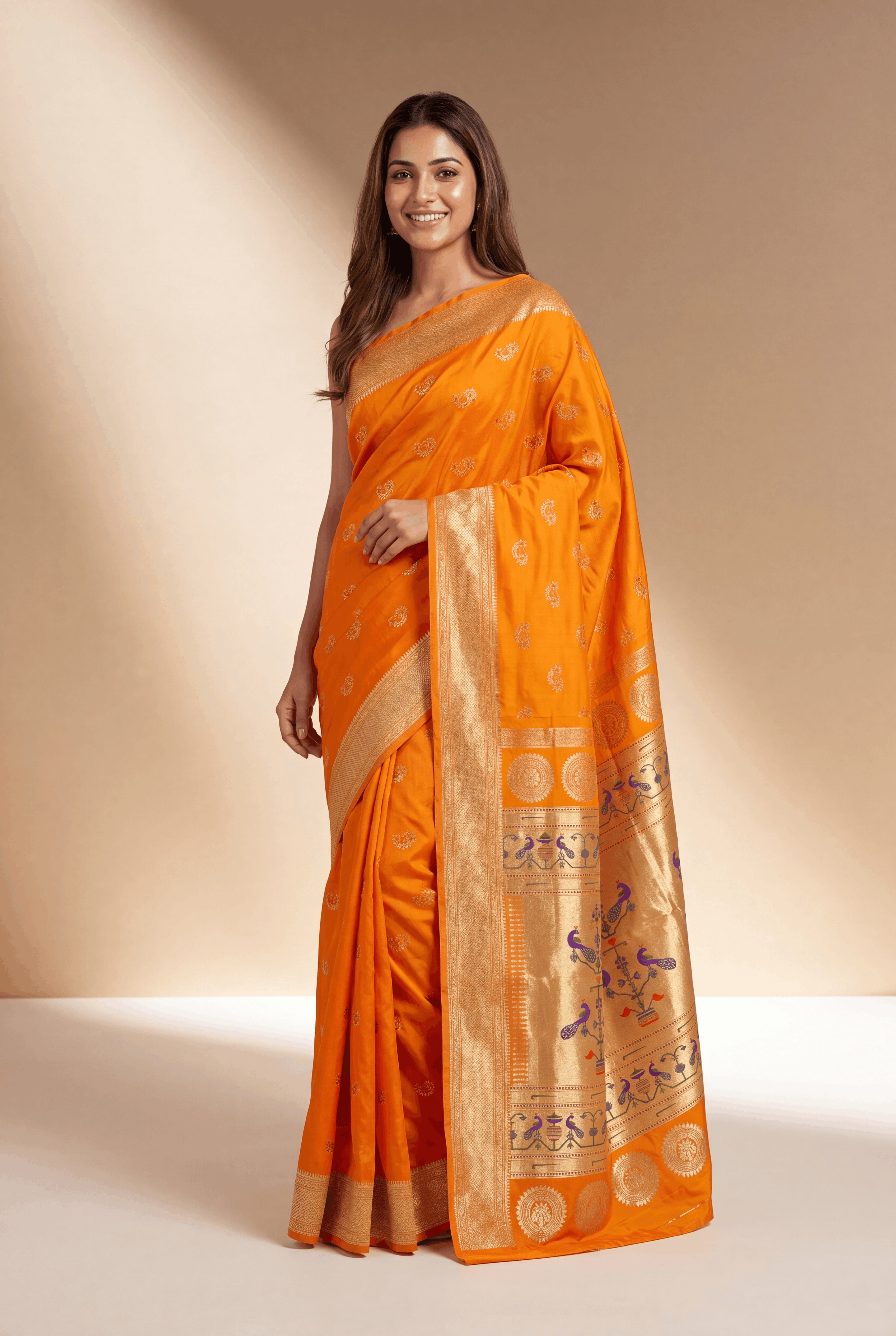 Kesari Orange Apurva Silk Paithani Saree with Nath butti