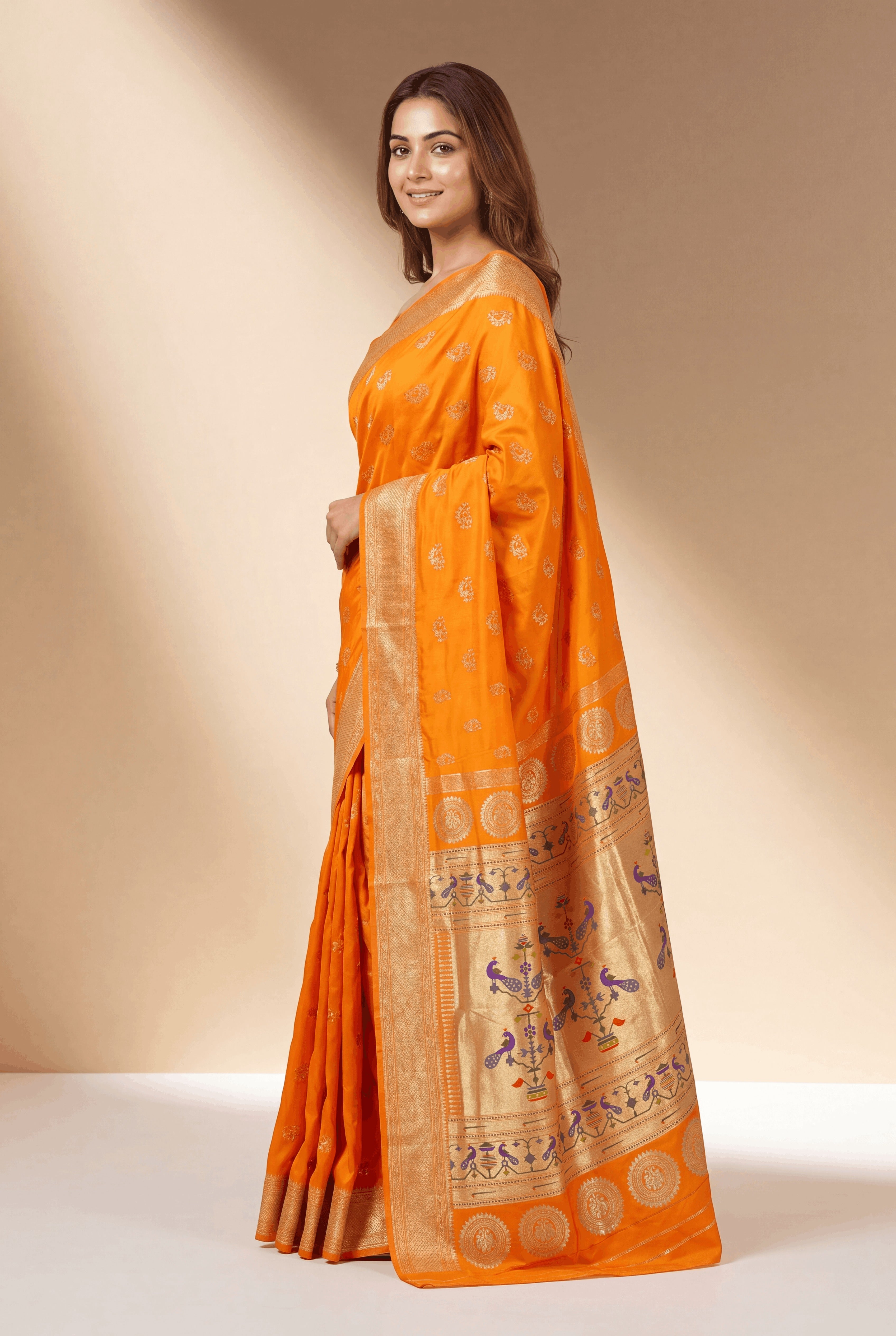 Kesari Orange Apurva Silk Paithani Saree with Nath butti