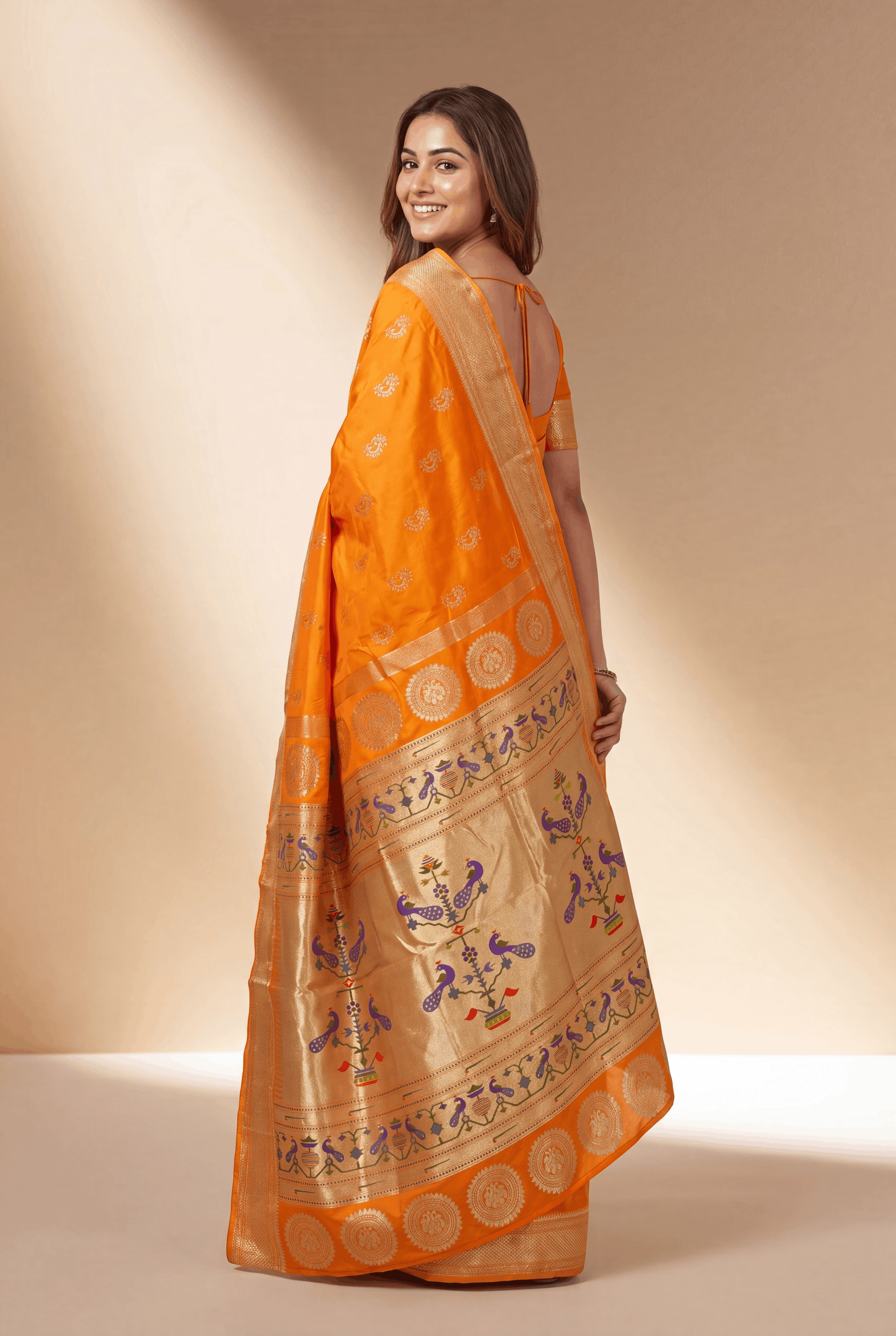 Kesari Orange Apurva Silk Paithani Saree with Nath butti