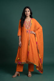 Kesari Orange Cotton Utsavi Suit Set with Gota Patti work