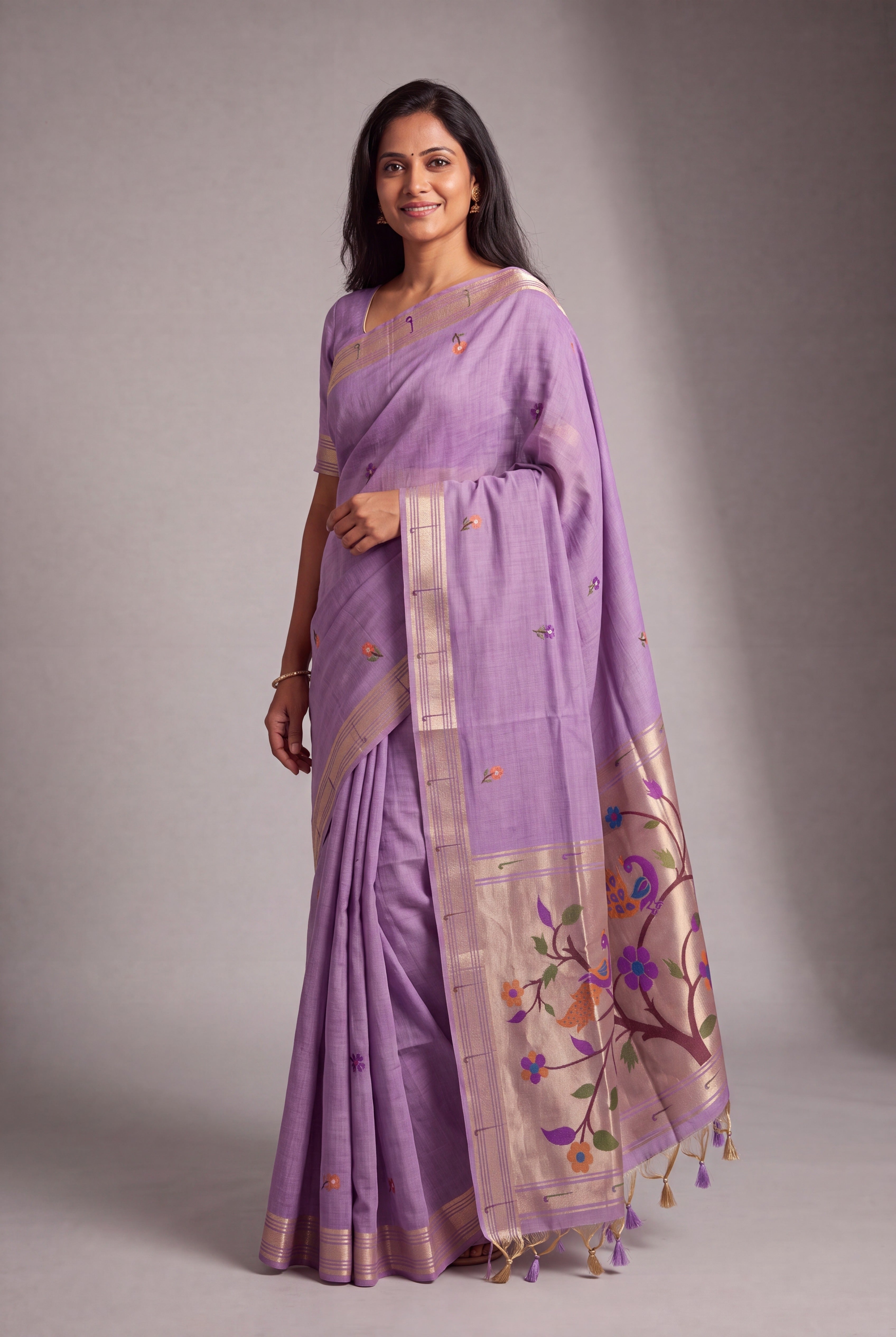 Lavender Jamdhani Cotton Saree with Adbhuta Mayūra Pallu