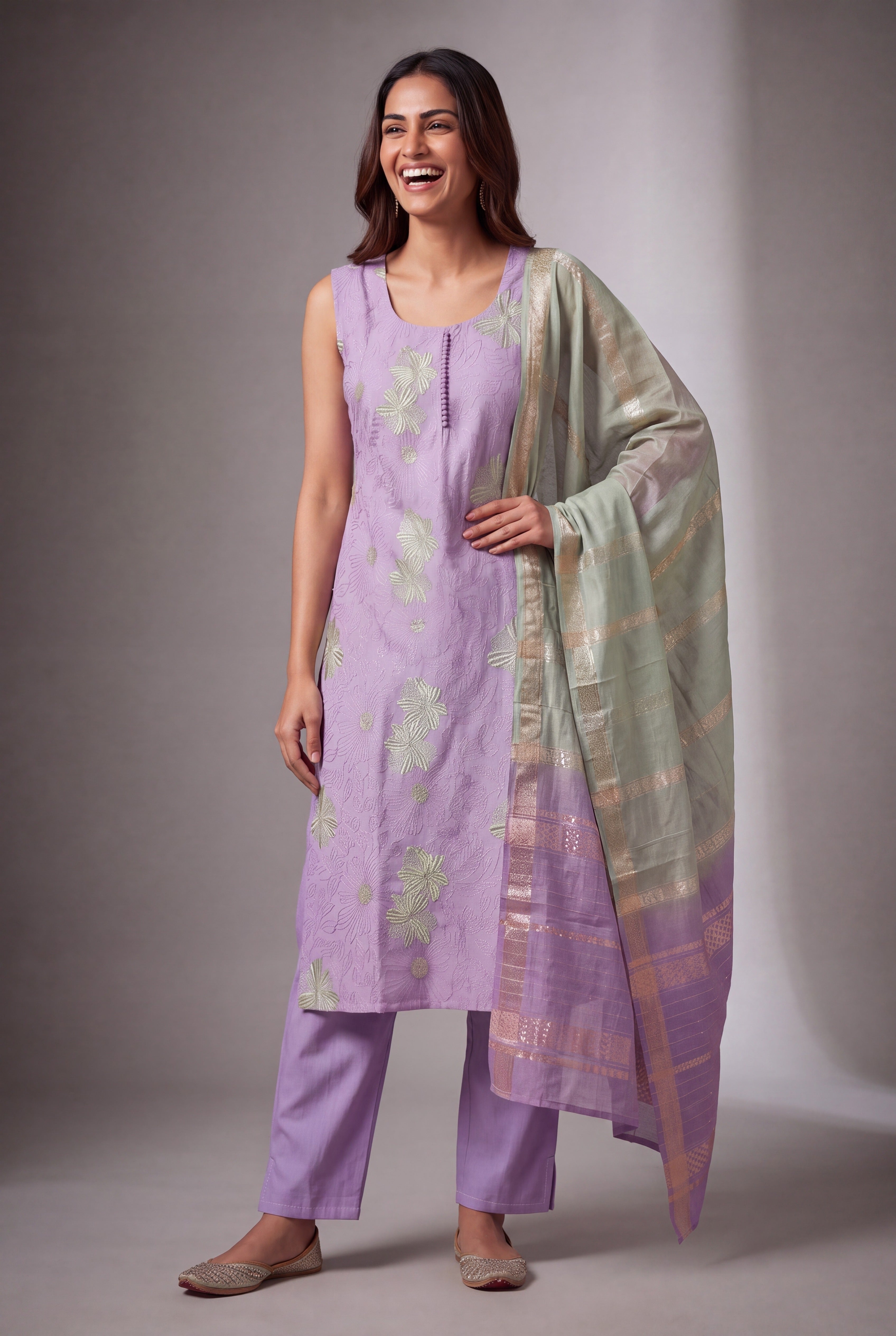 Lavender Soft Silk Suit Set with Haripuṣpa threadwork and Sequin work