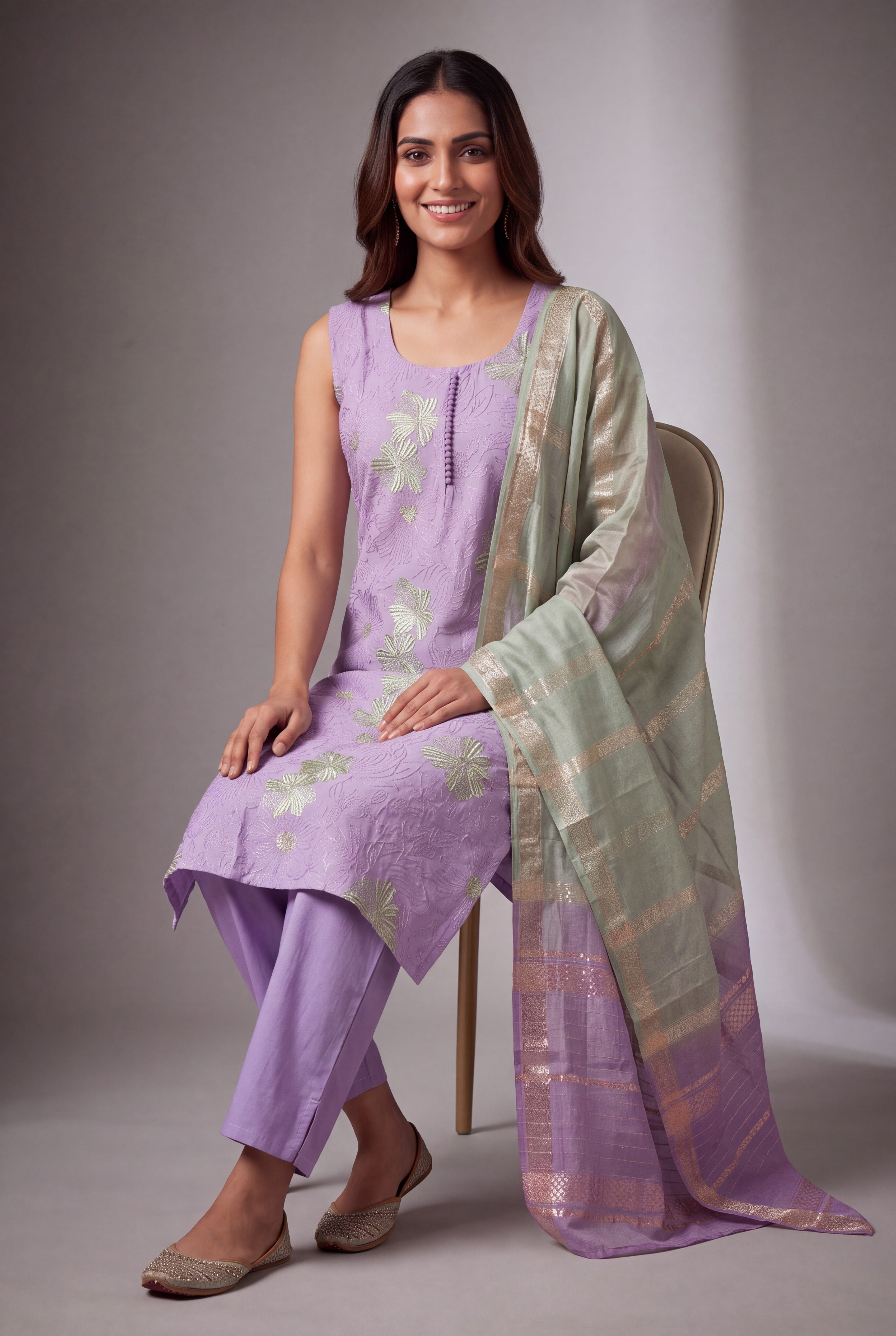 Lavender Soft Silk Suit Set with Haripuṣpa threadwork and Sequin work