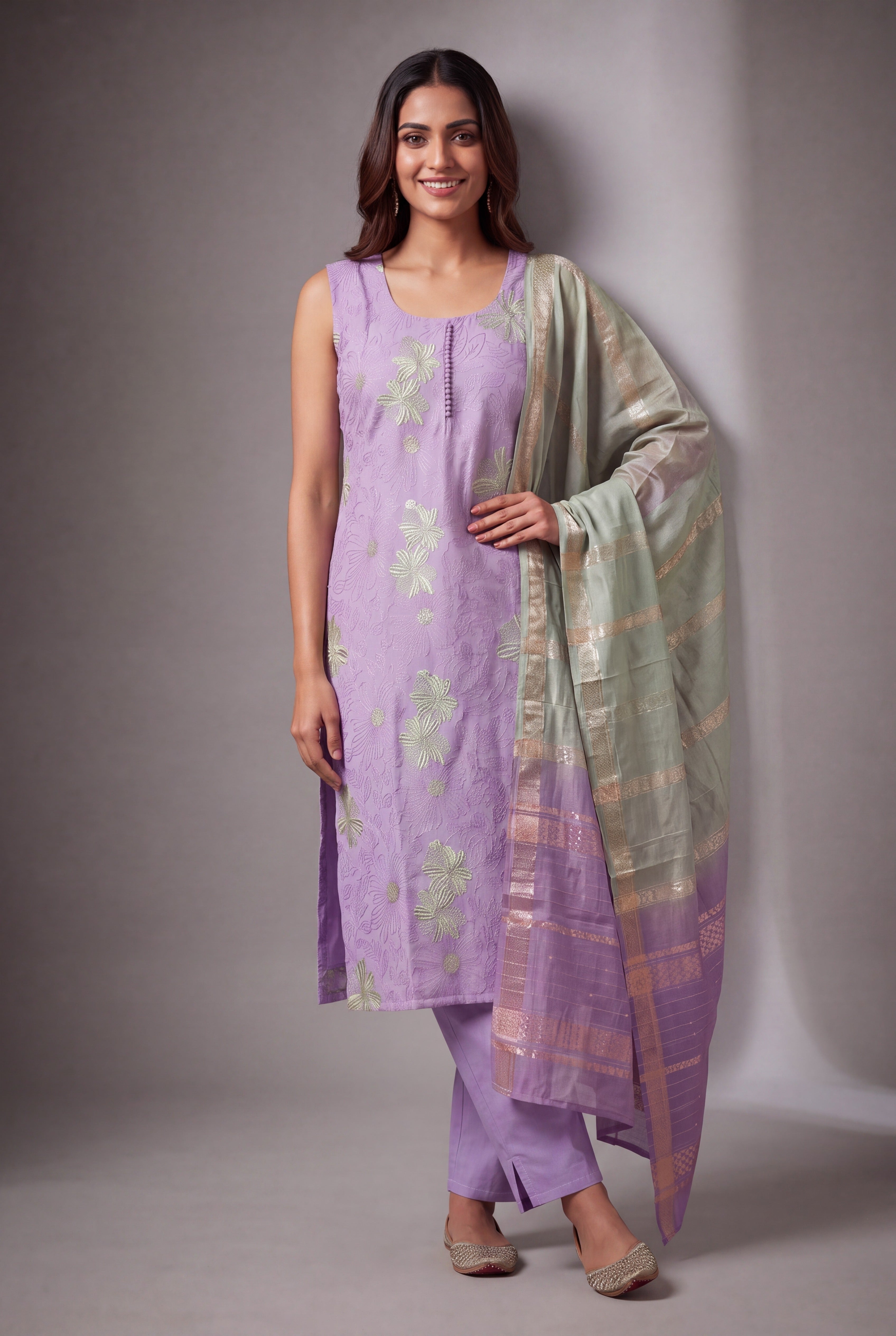 Lavender Soft Silk Suit Set with Haripuṣpa threadwork and Sequin work