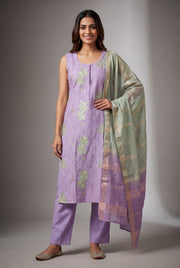 Lavender Soft Silk Suit Set with Haripuṣpa threadwork and Sequin work