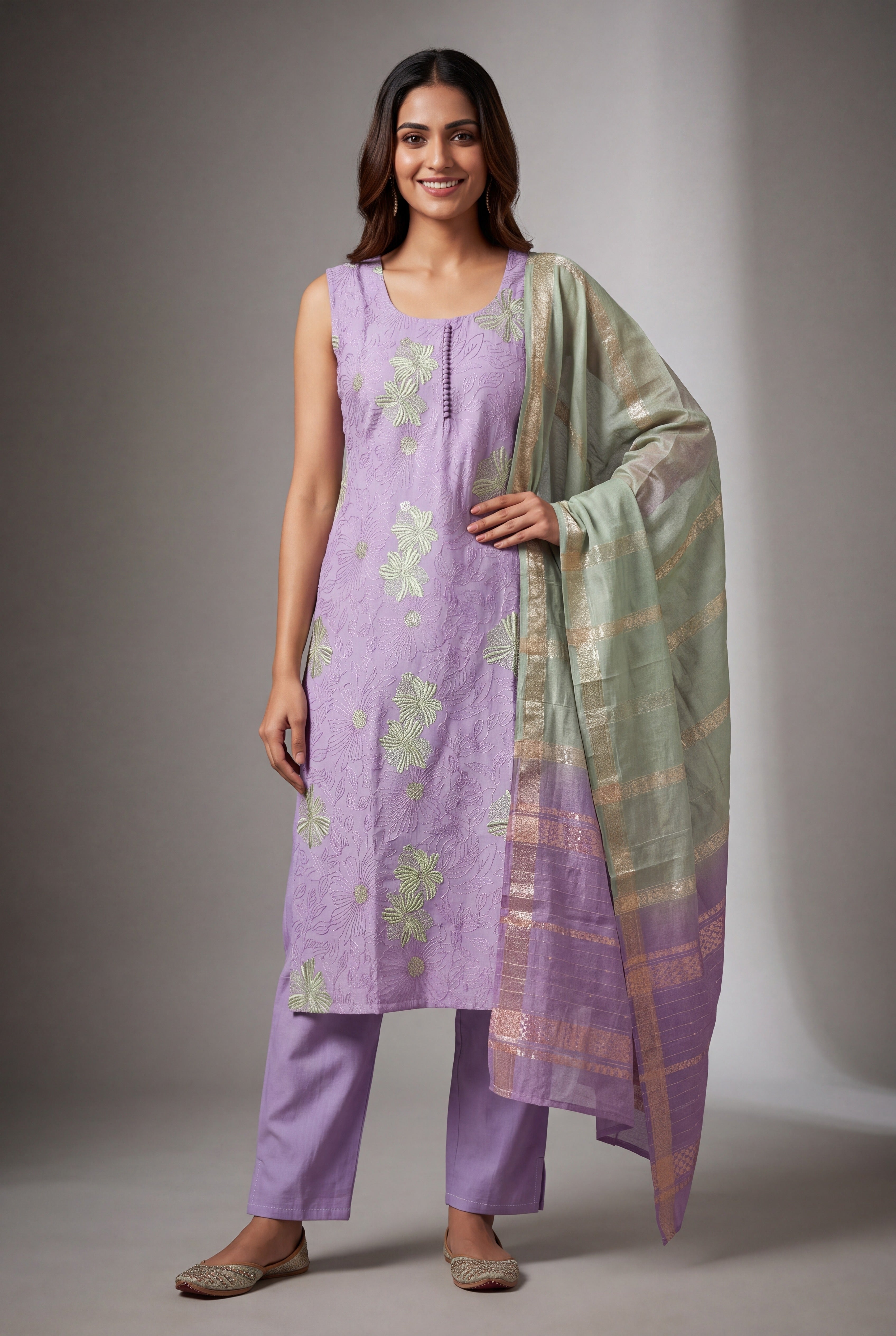 Lavender Soft Silk Suit Set with Haripuṣpa threadwork and Sequin work