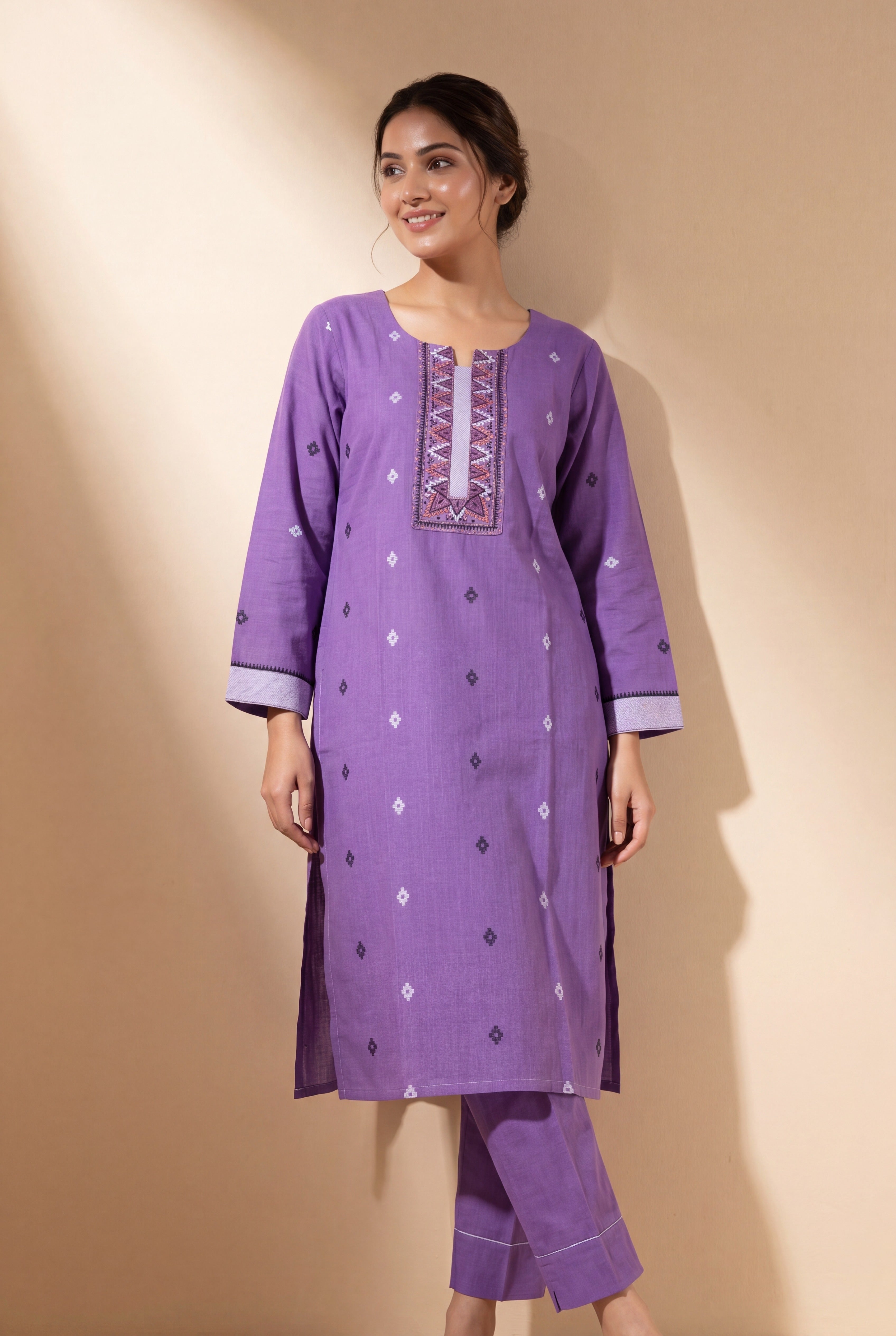 Lavender Yuthika Cotton Kurti with Printed Motifs