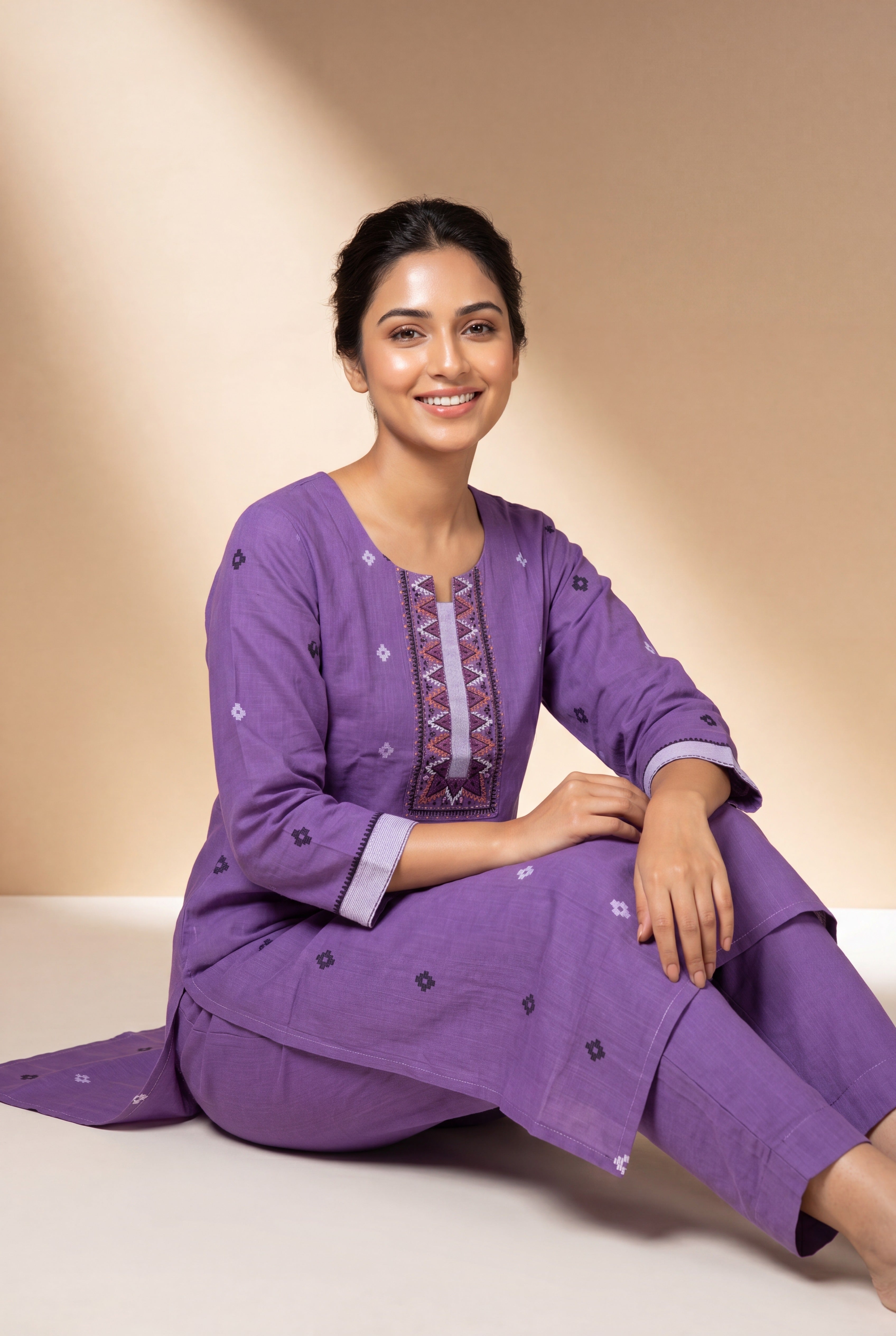 Lavender Yuthika Cotton Kurti with Printed Motifs