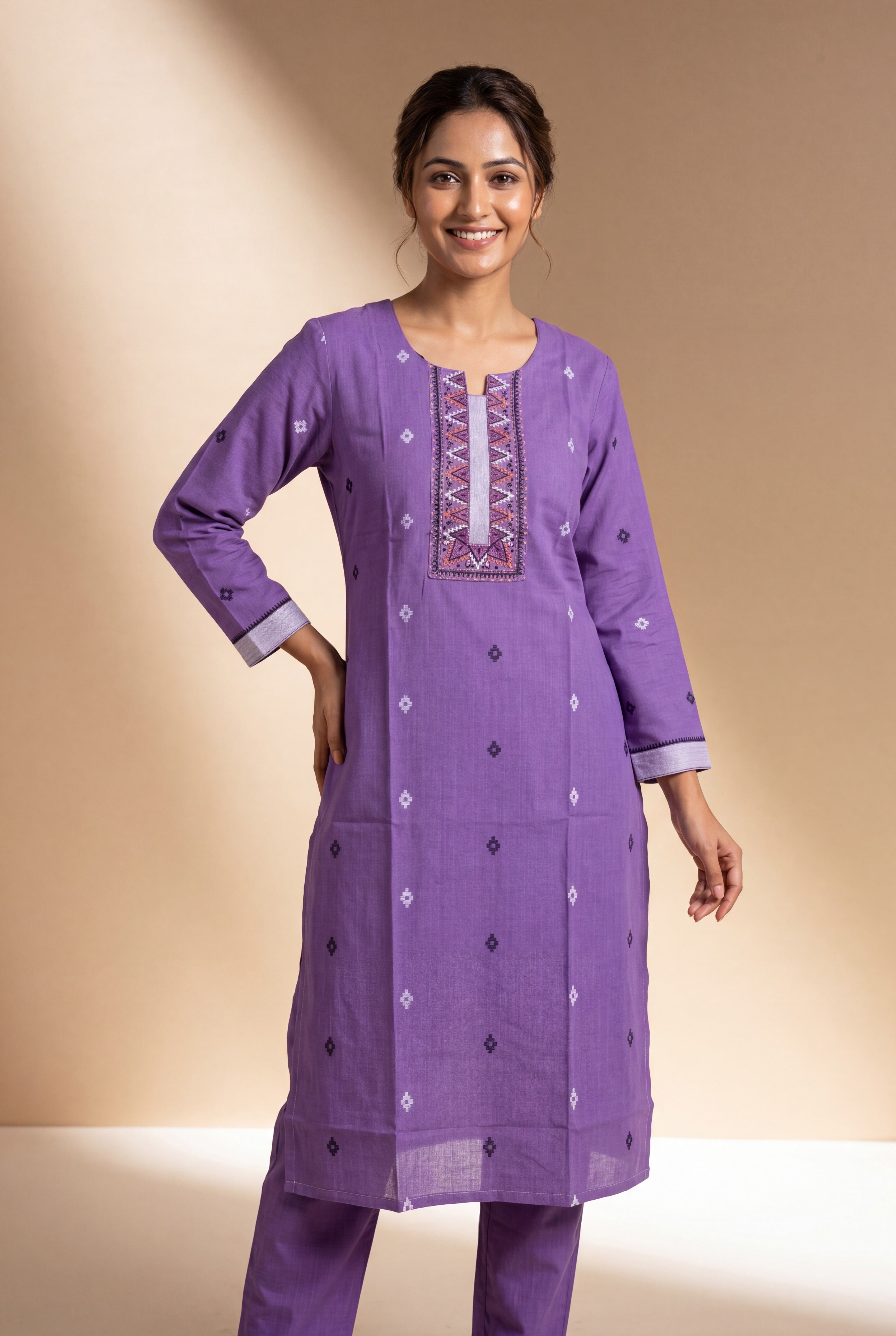 Lavender Yuthika Cotton Kurti with Printed Motifs