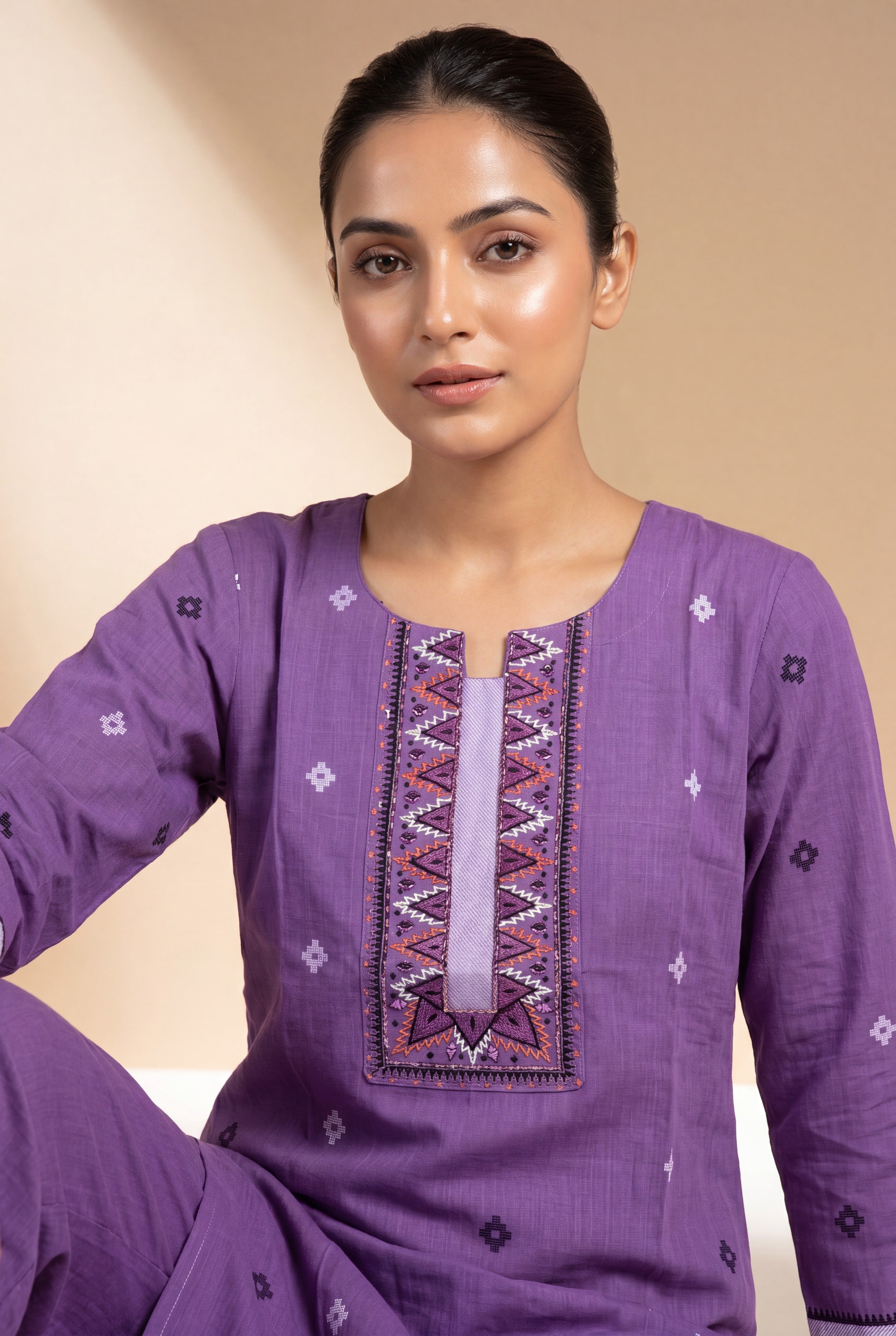 Lavender Yuthika Cotton Kurti with Printed Motifs