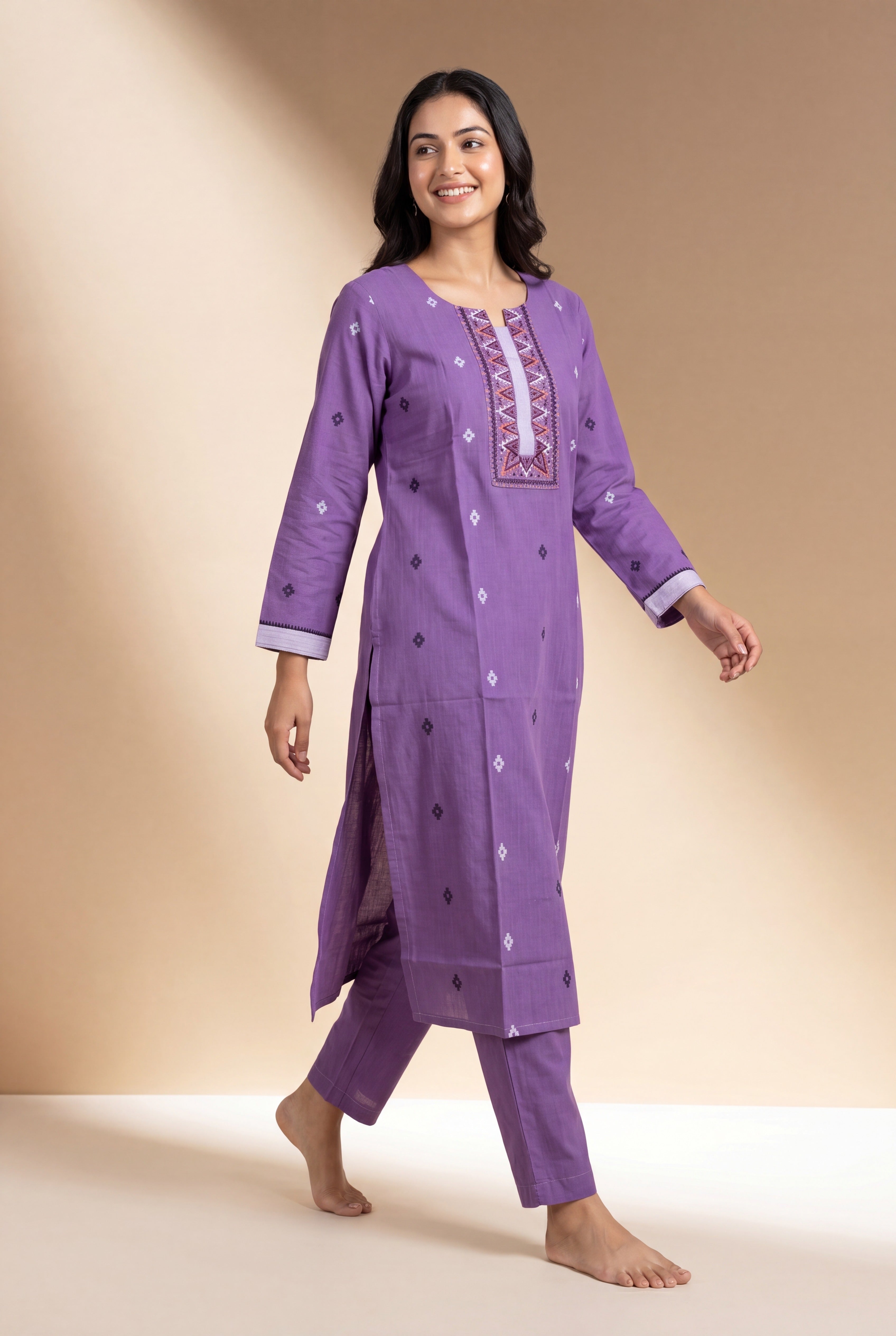 Lavender Yuthika Cotton Kurti with Printed Motifs