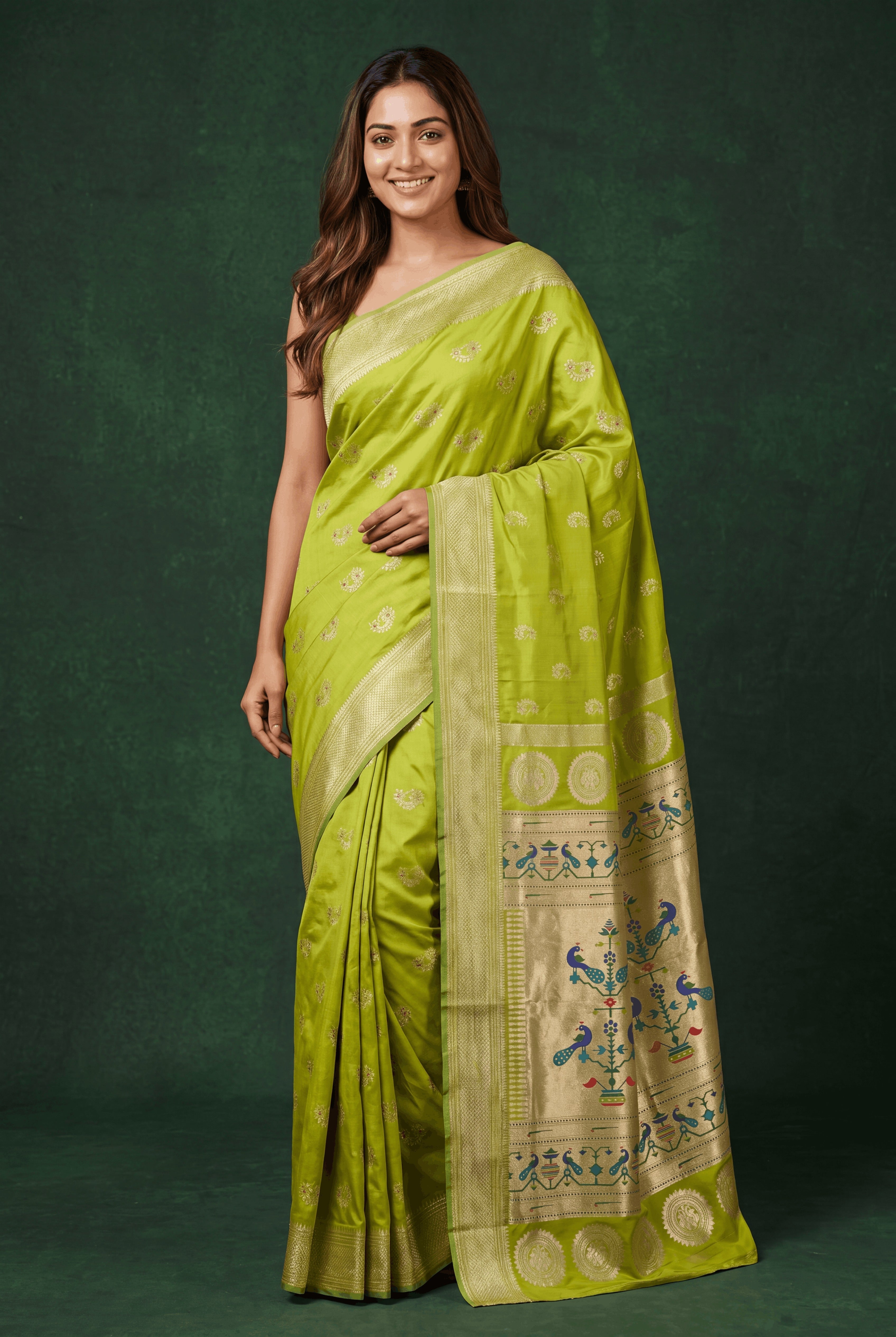 Lime Green Apurva Silk Paithani Saree with Nath butti