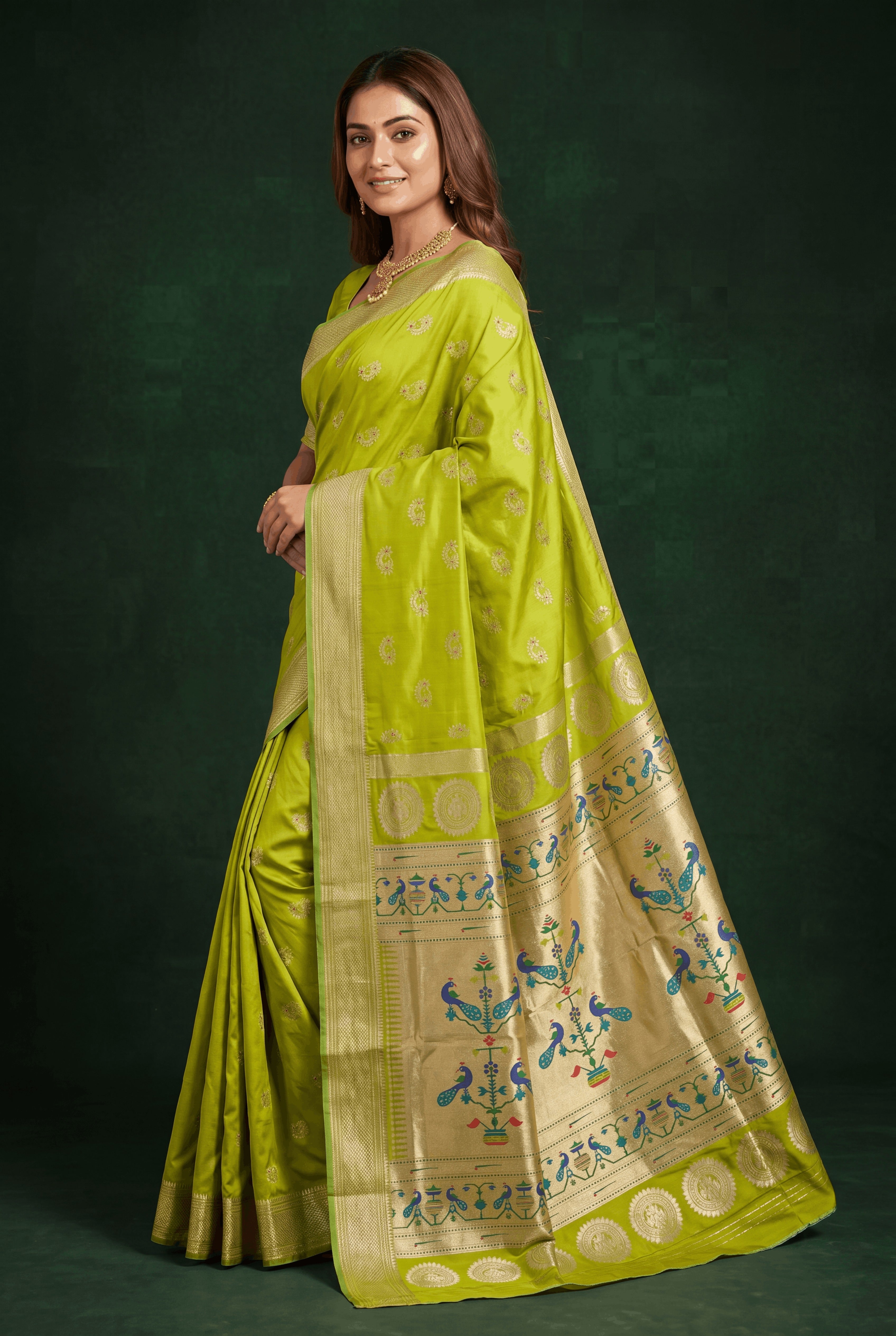 Lime Green Apurva Silk Paithani Saree with Nath butti