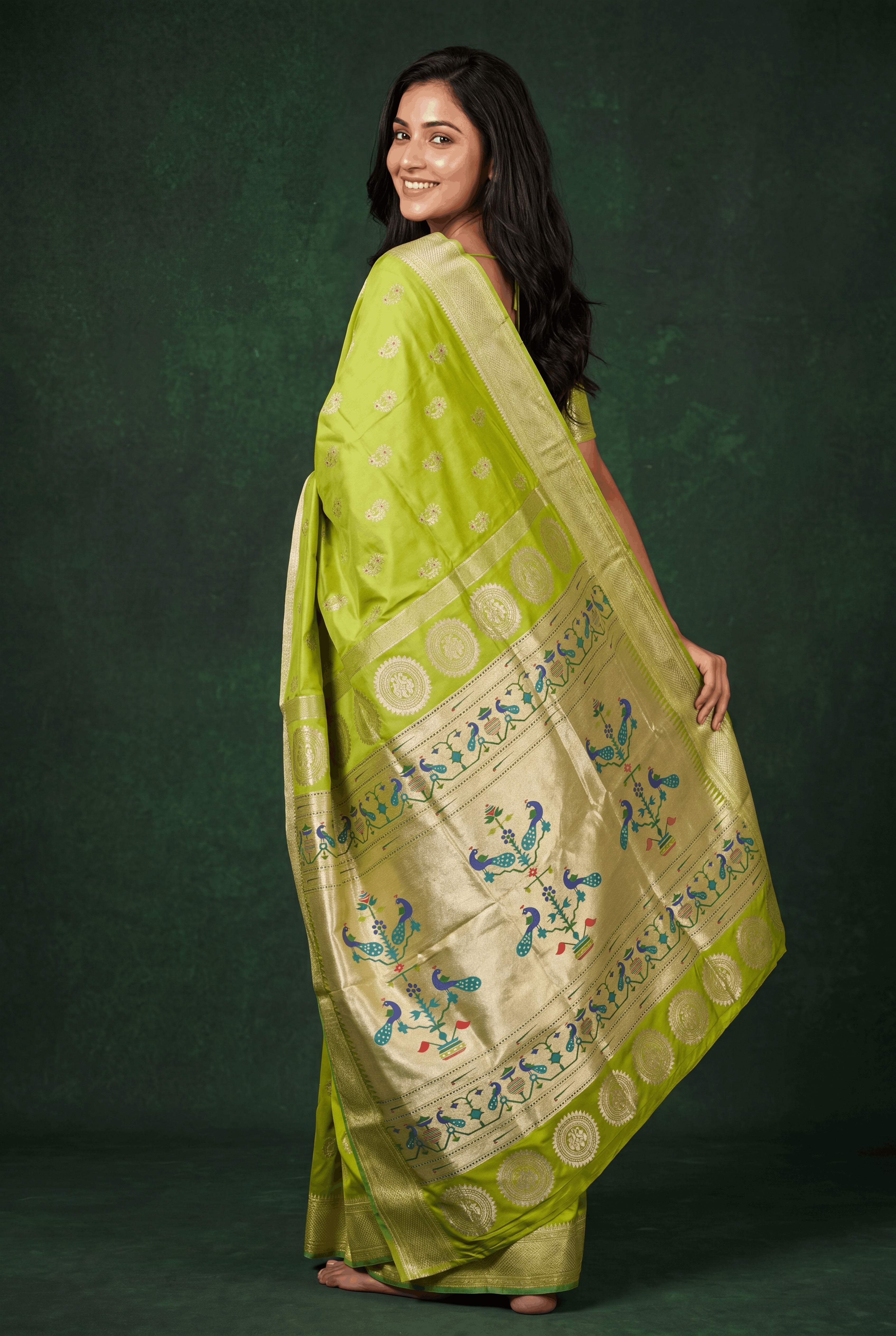 Lime Green Apurva Silk Paithani Saree with Nath butti