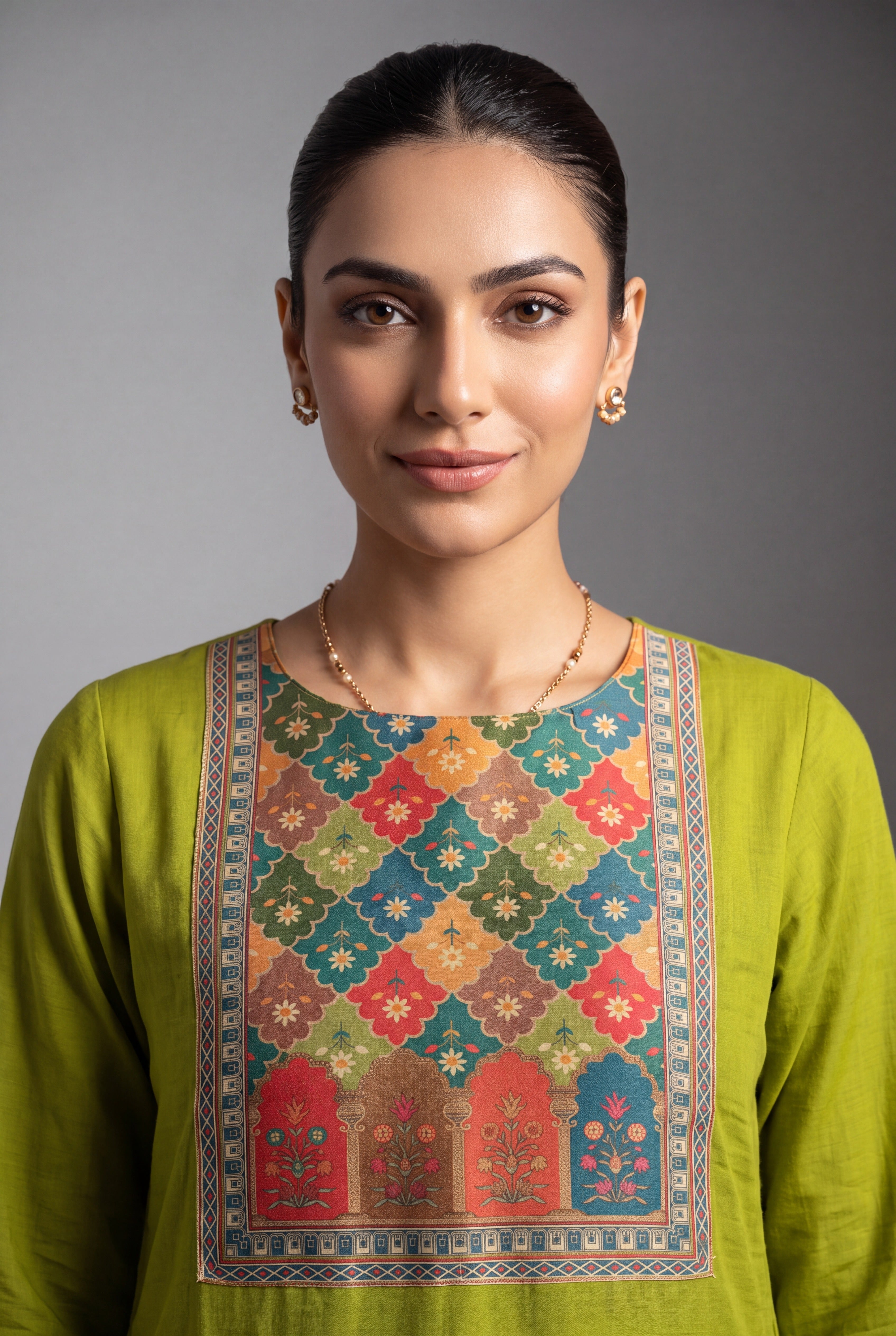 Lime Green Carumatī Kurti with Floral Tissue Print