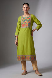 Lime Green Carumatī Kurti with Floral Tissue Print