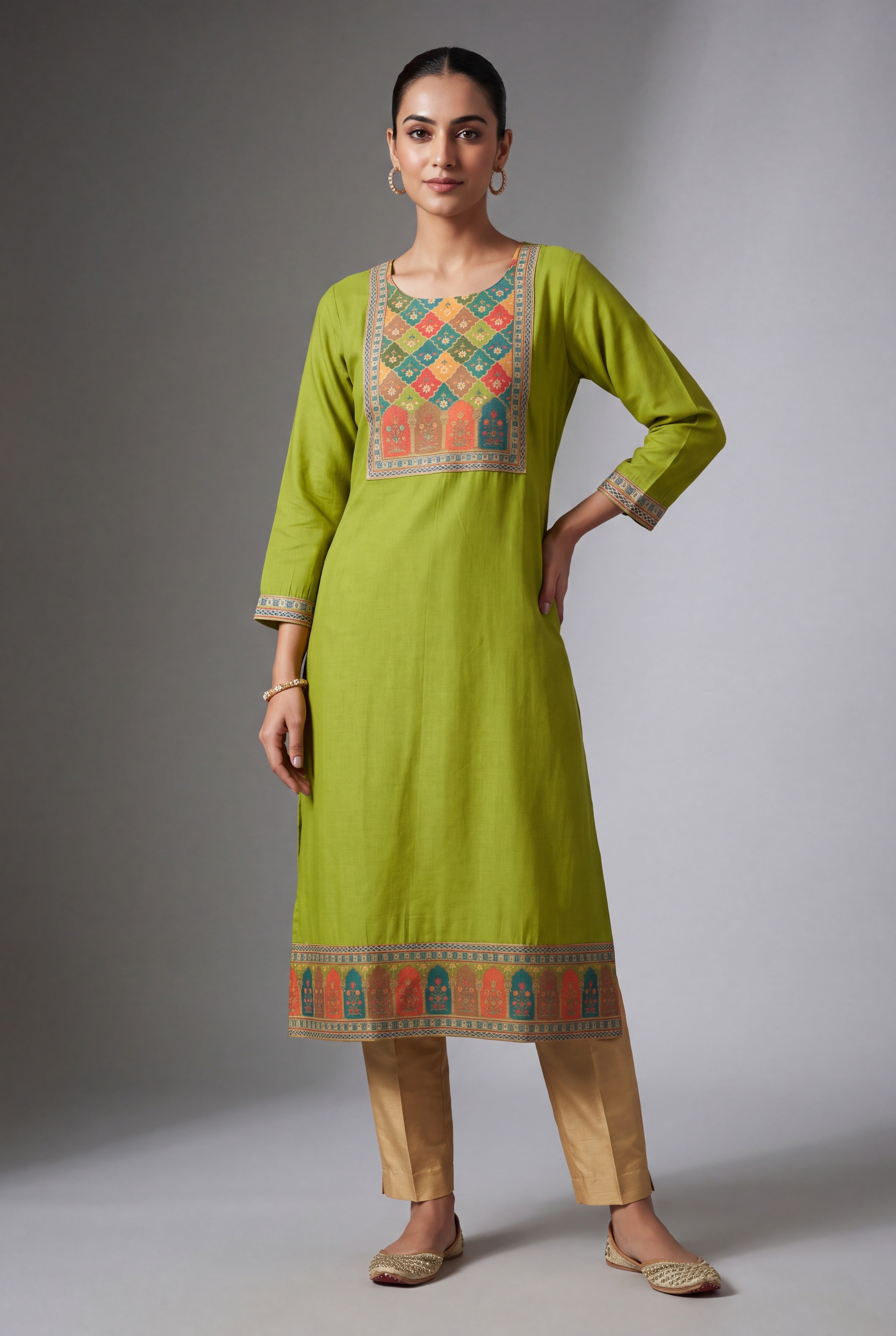 Lime Green Carumatī Kurti with Floral Tissue Print