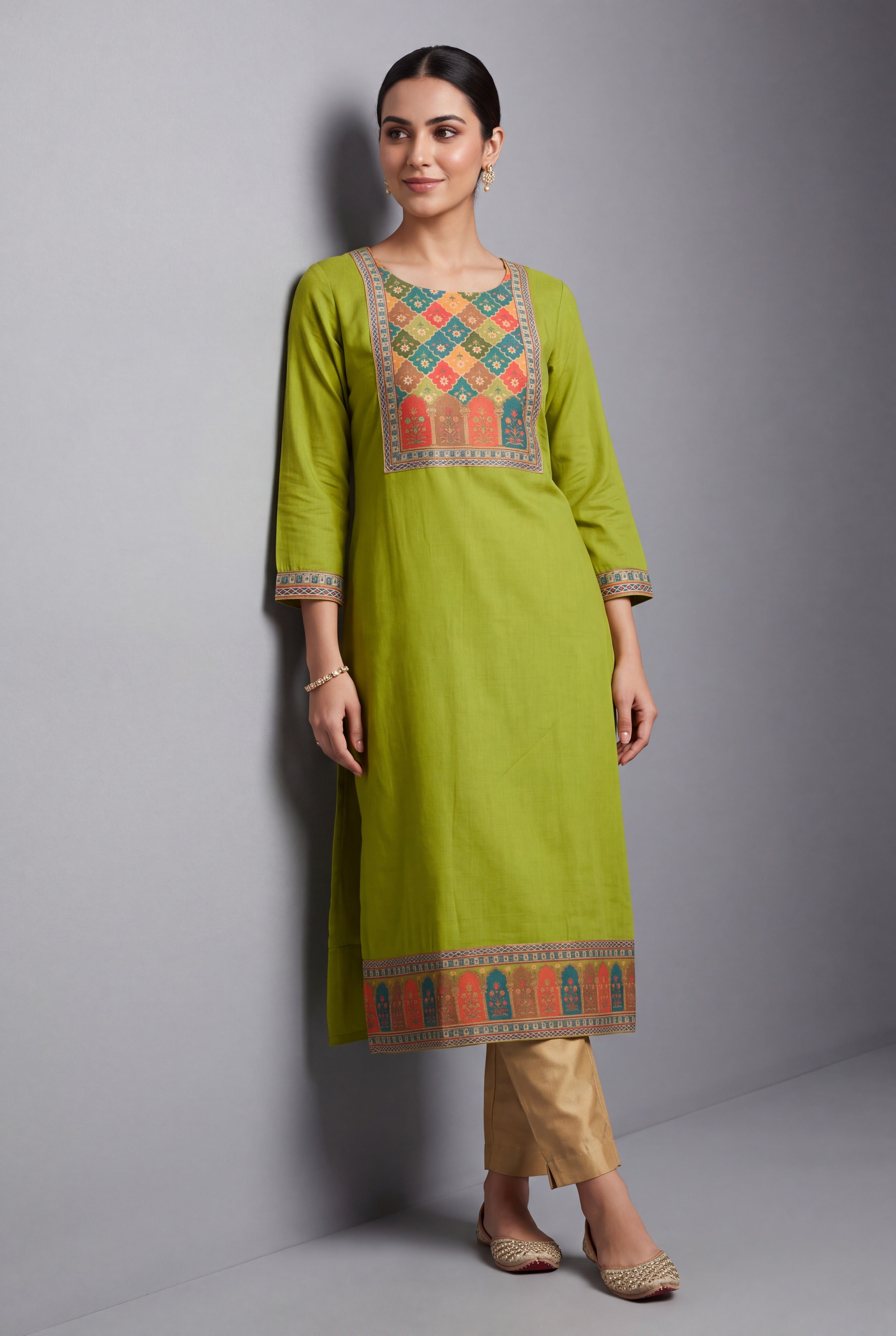 Lime Green Carumatī Kurti with Floral Tissue Print