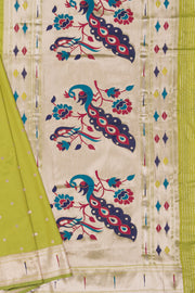 Lime Green Katan Silk Paithani Saree with Multicolour Munya border and Śuka-Mayūra Pallu