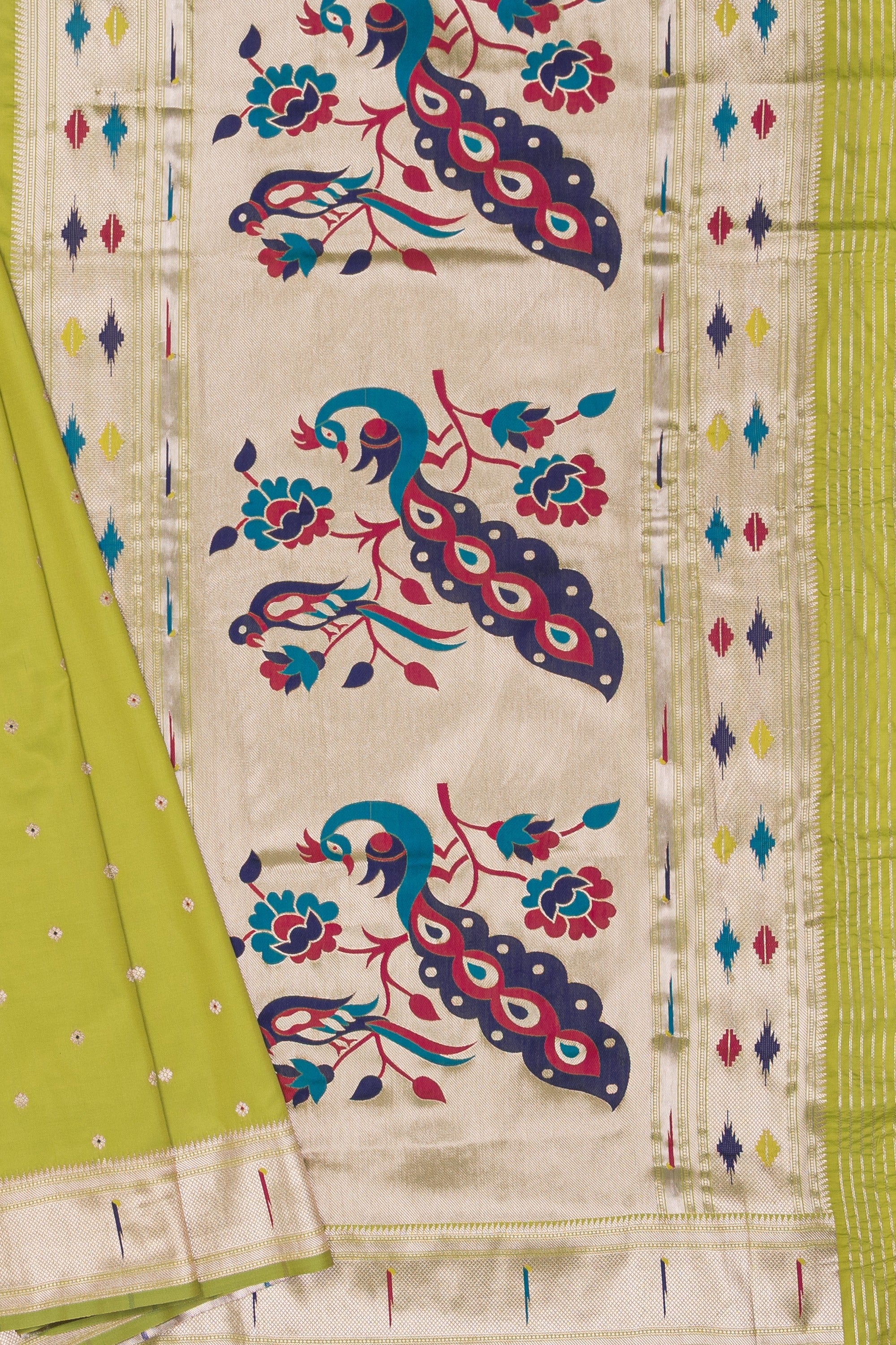 Lime Green Katan Silk Paithani Saree with Multicolour Munya border and Śuka-Mayūra Pallu
