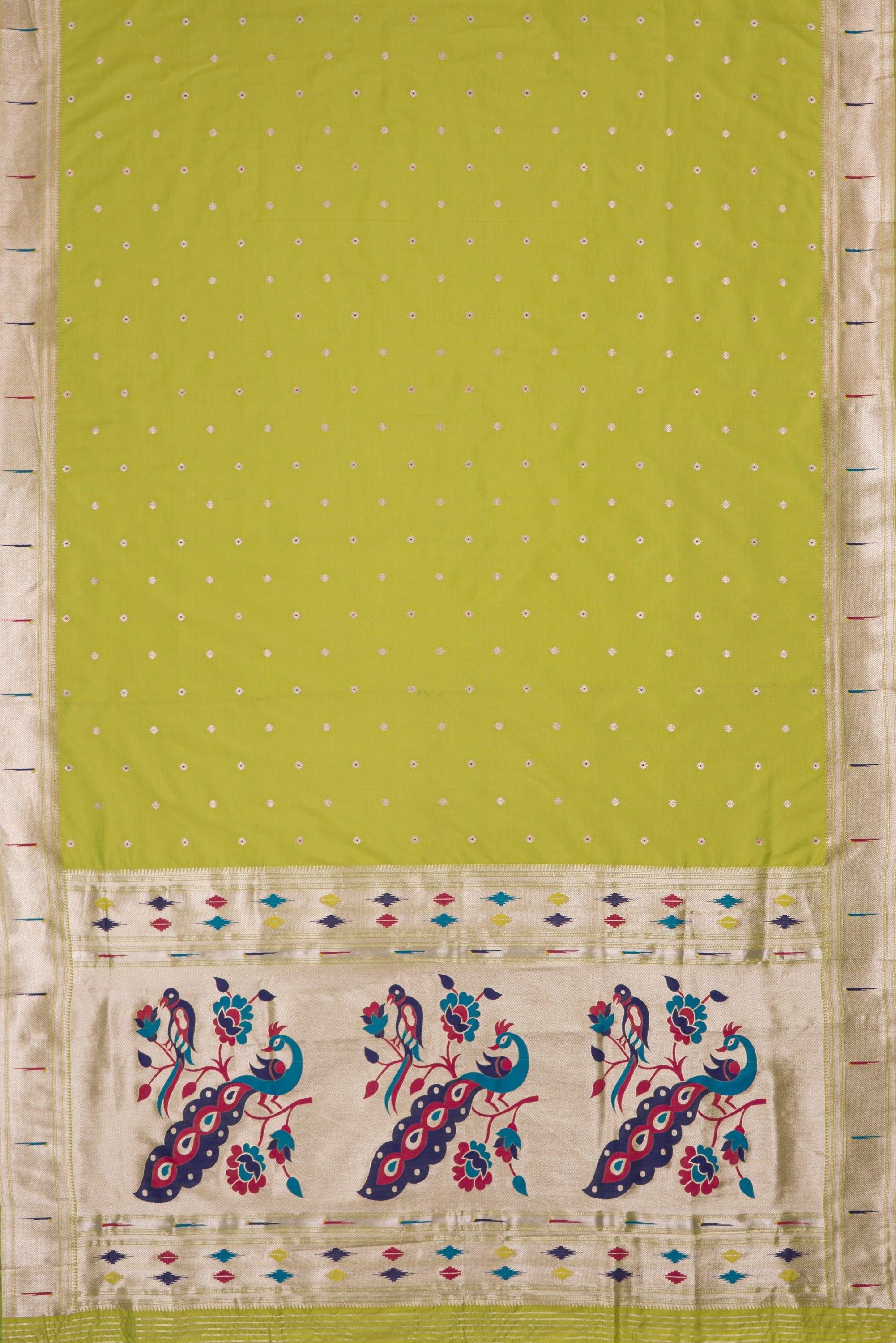 Lime Green Katan Silk Paithani Saree with Multicolour Munya border and Śuka-Mayūra Pallu