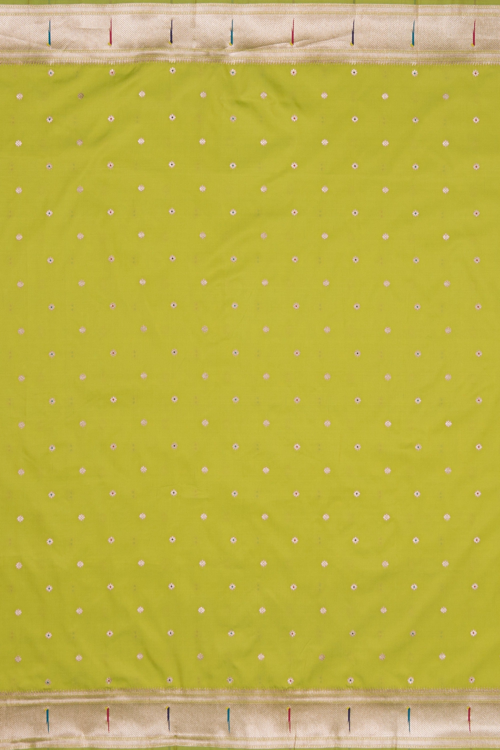 Lime Green Katan Silk Paithani Saree with Multicolour Munya border and Śuka-Mayūra Pallu