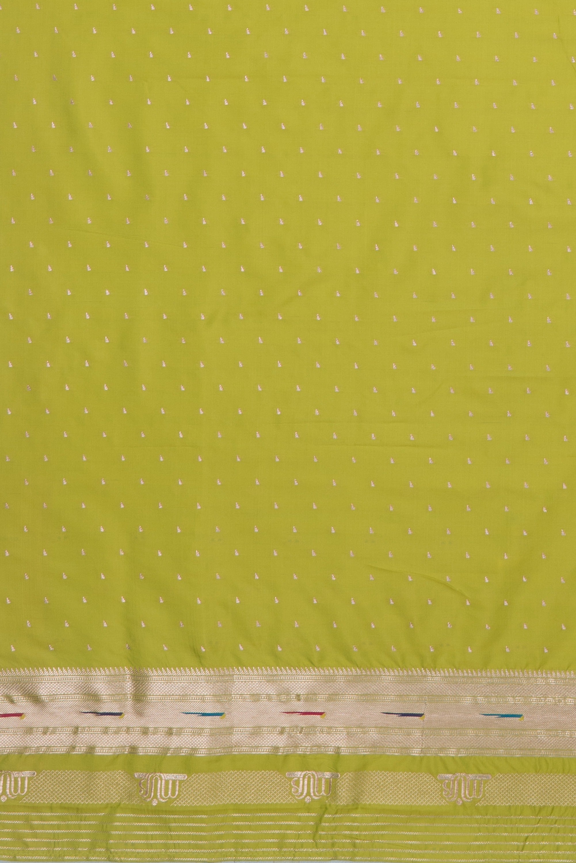 Lime Green Katan Silk Paithani Saree with Multicolour Munya border and Śuka-Mayūra Pallu