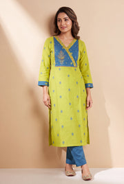 Lime Green Ratna Kurti with Blue Ikkat print and Patchwork neck
