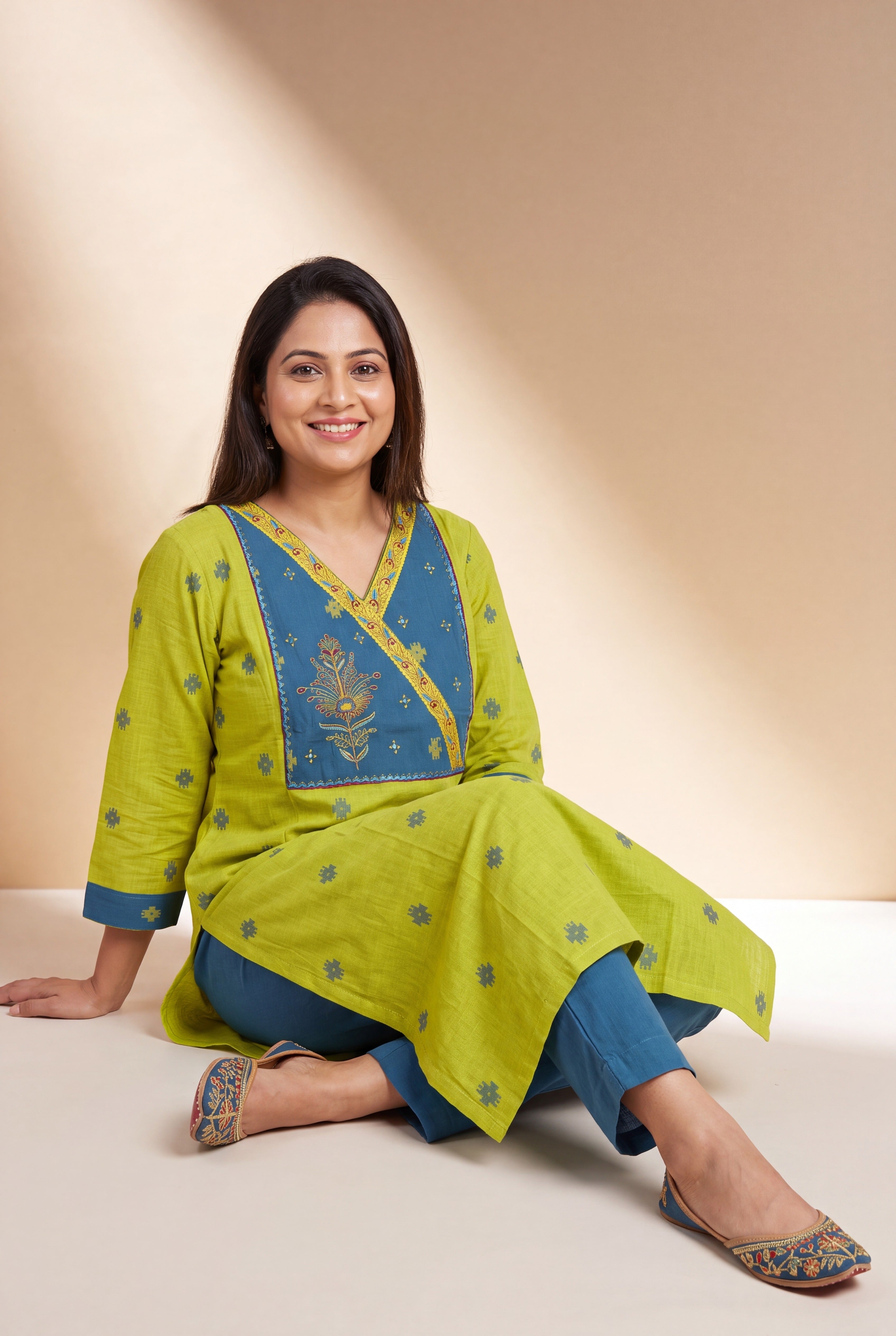 Lime Green Ratna Kurti with Blue Ikkat print and Patchwork neck