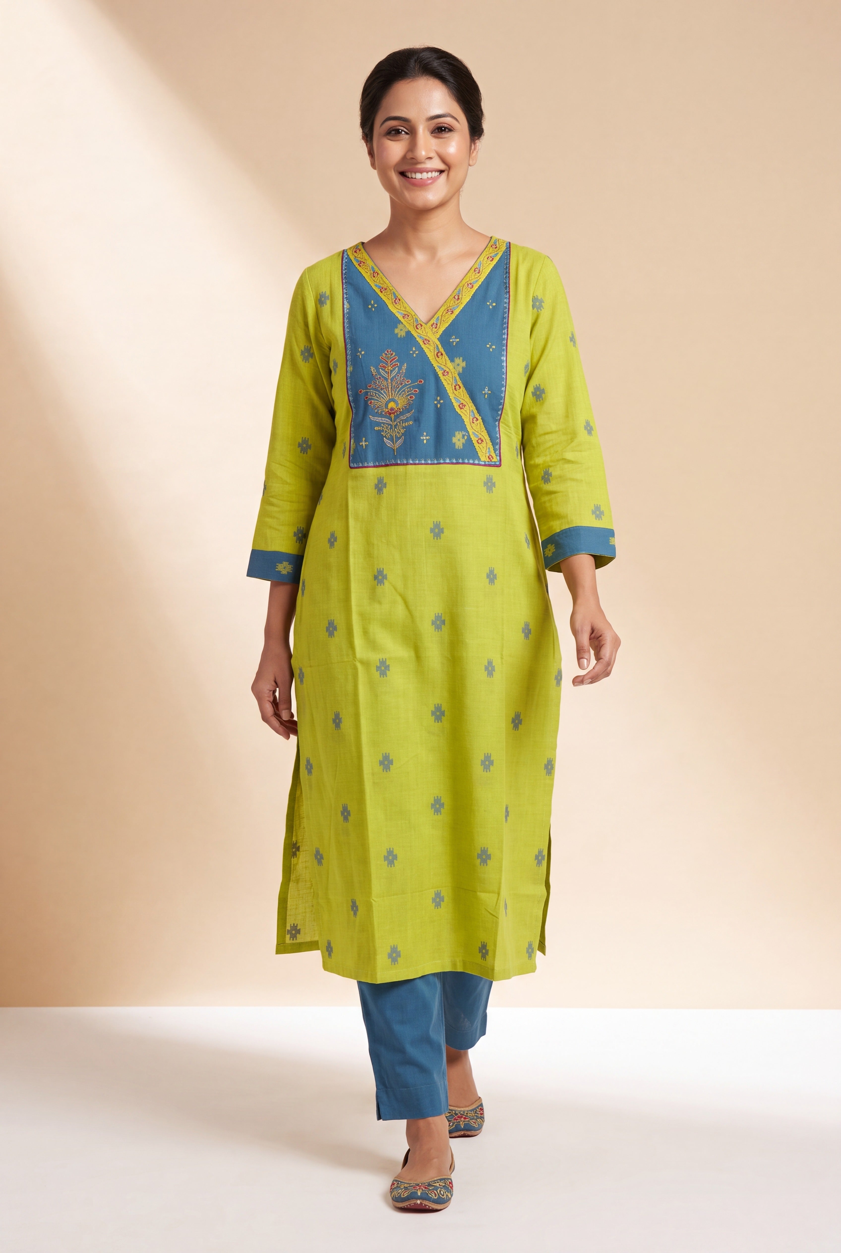 Lime Green Ratna Kurti with Blue Ikkat print and Patchwork neck