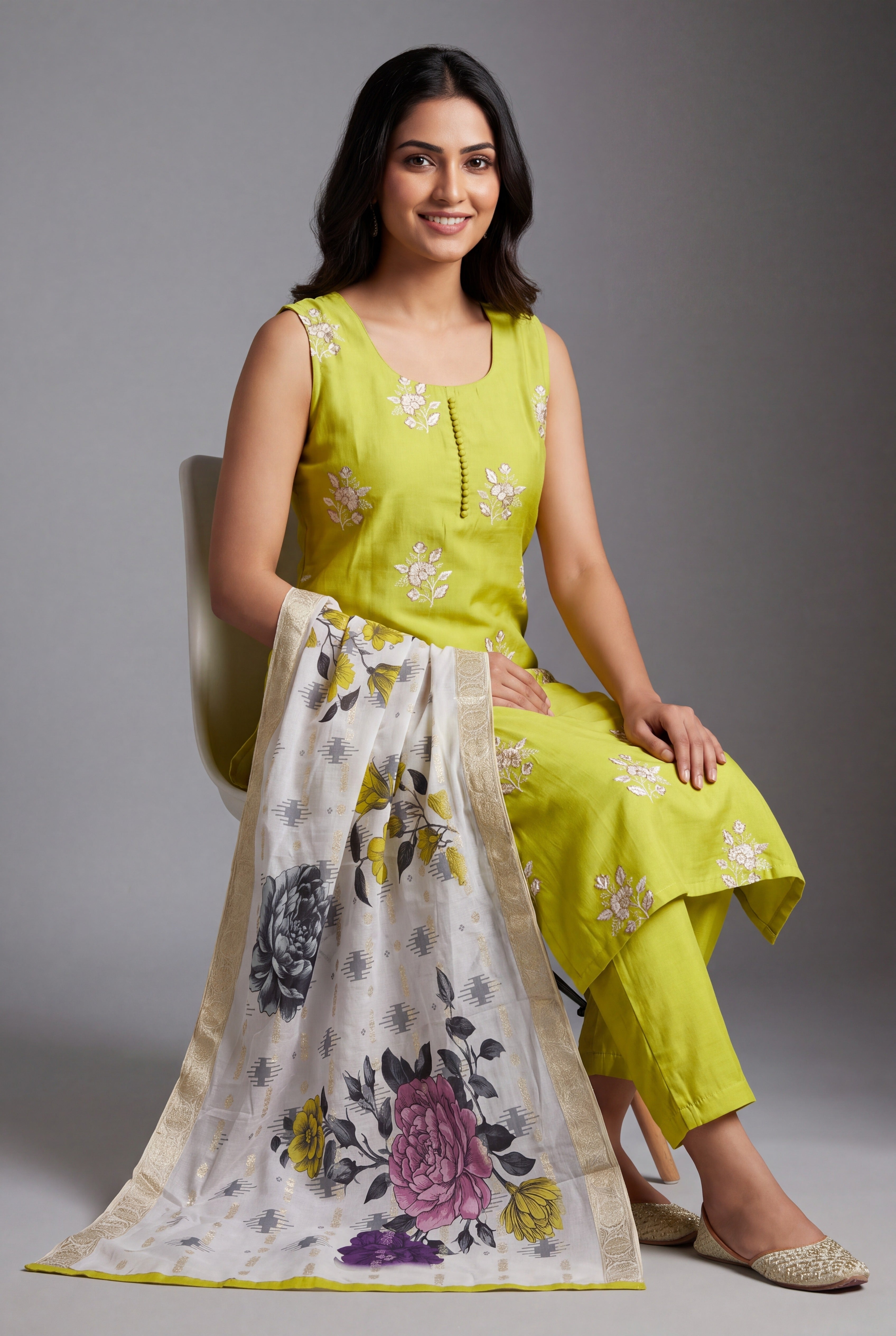 Lime Green Soft Silk Suit Set with Svetakusuma threadwork