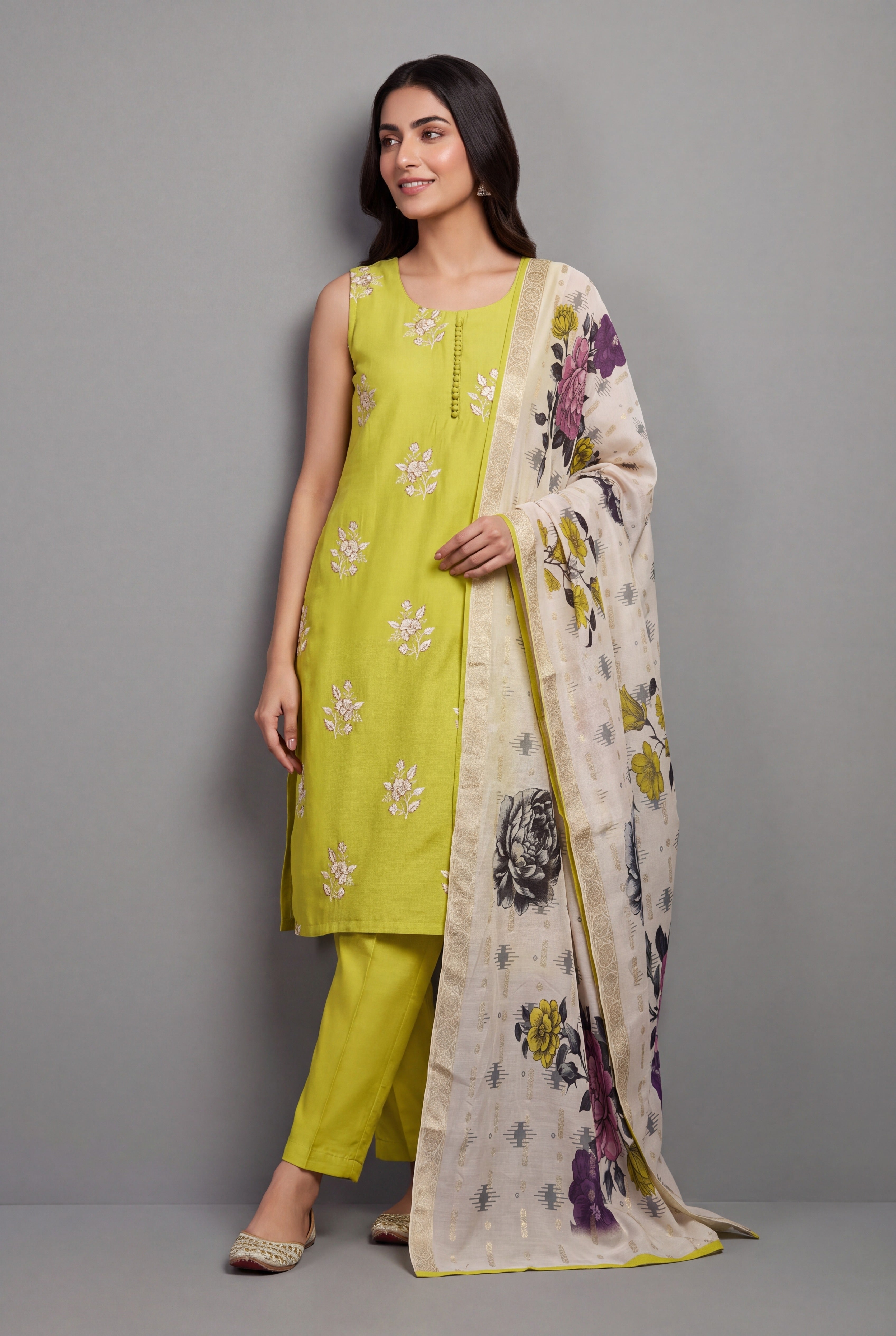Lime Green Soft Silk Suit Set with Svetakusuma threadwork