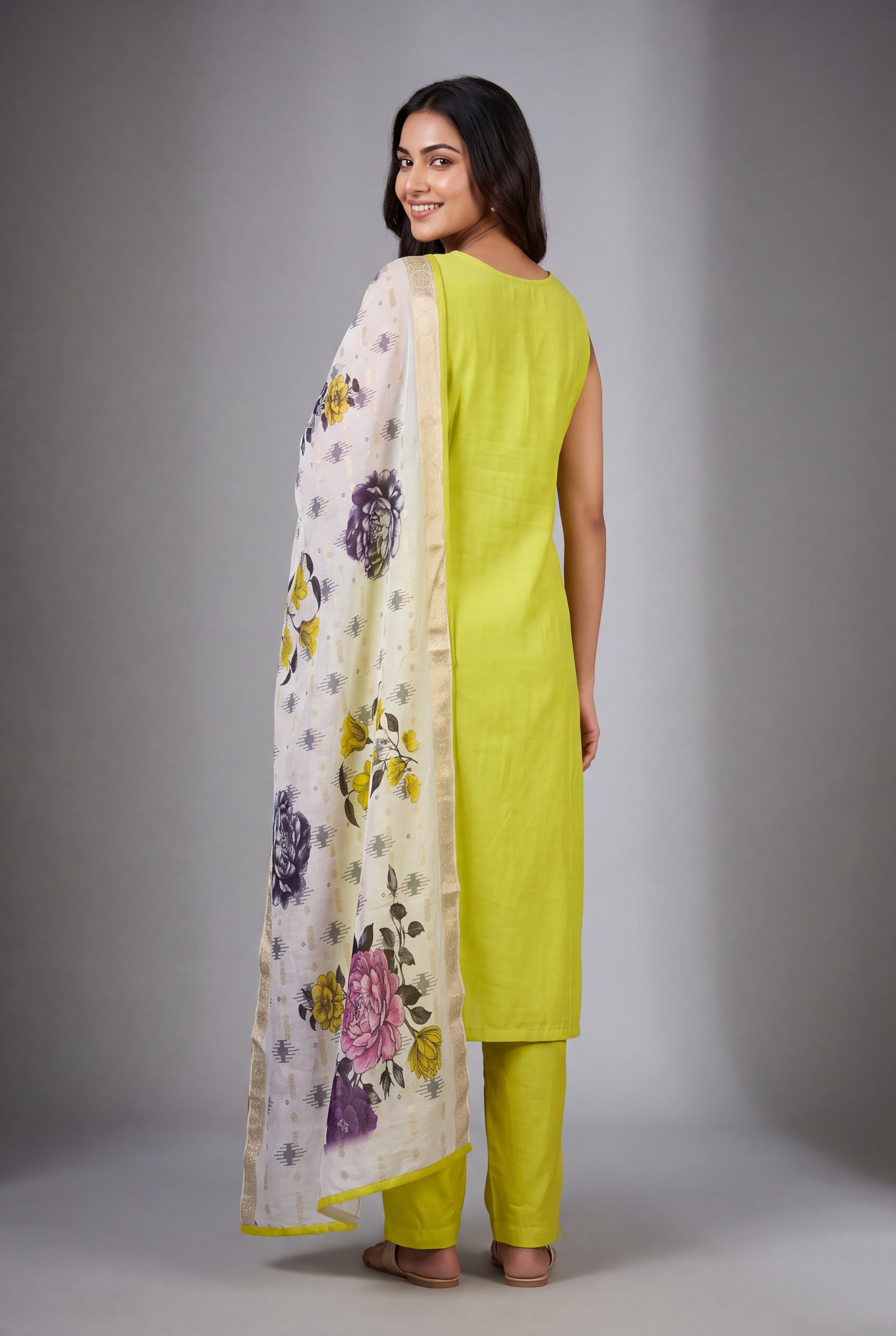 Lime Green Soft Silk Suit Set with Svetakusuma threadwork