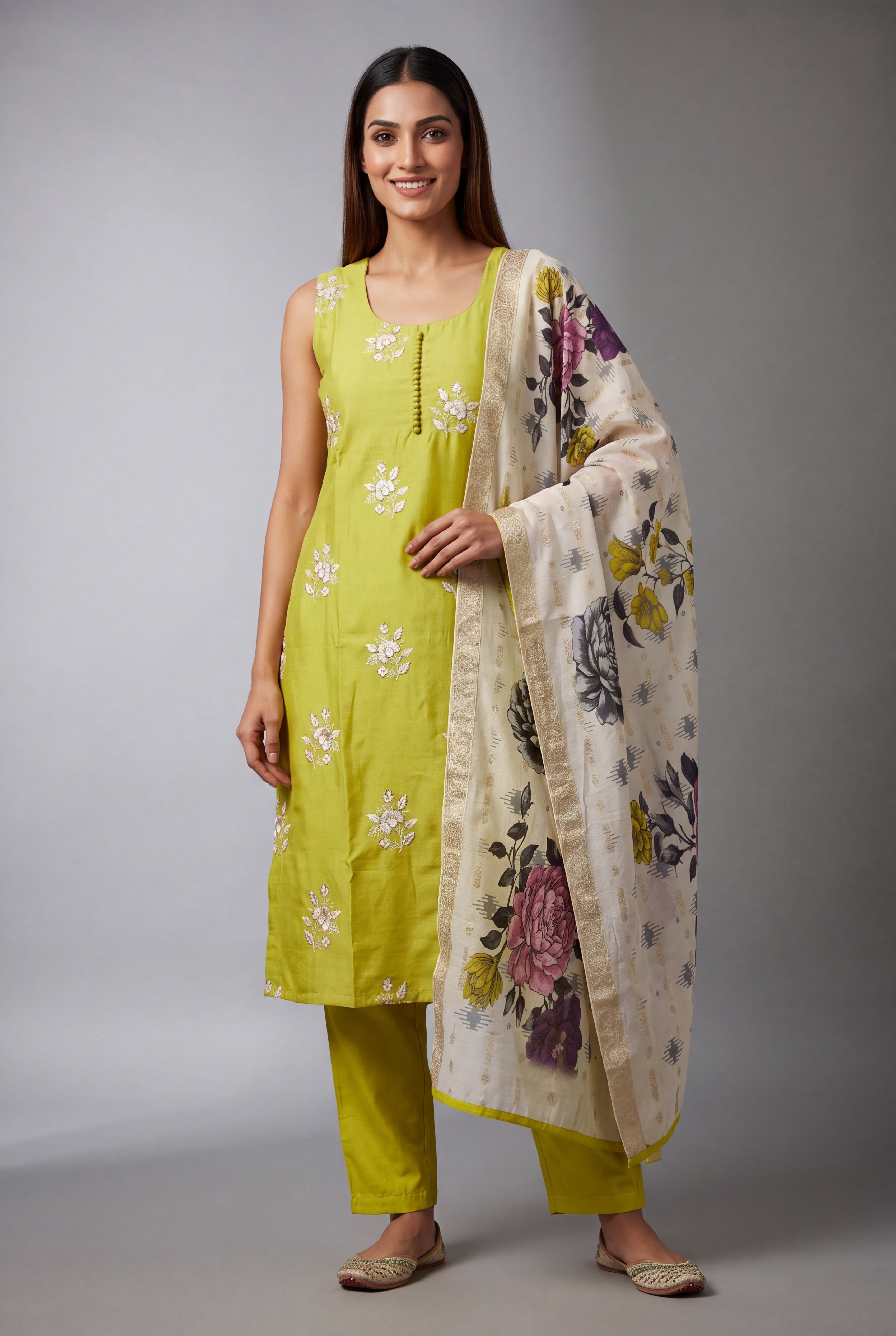 Lime Green Soft Silk Suit Set with Svetakusuma threadwork