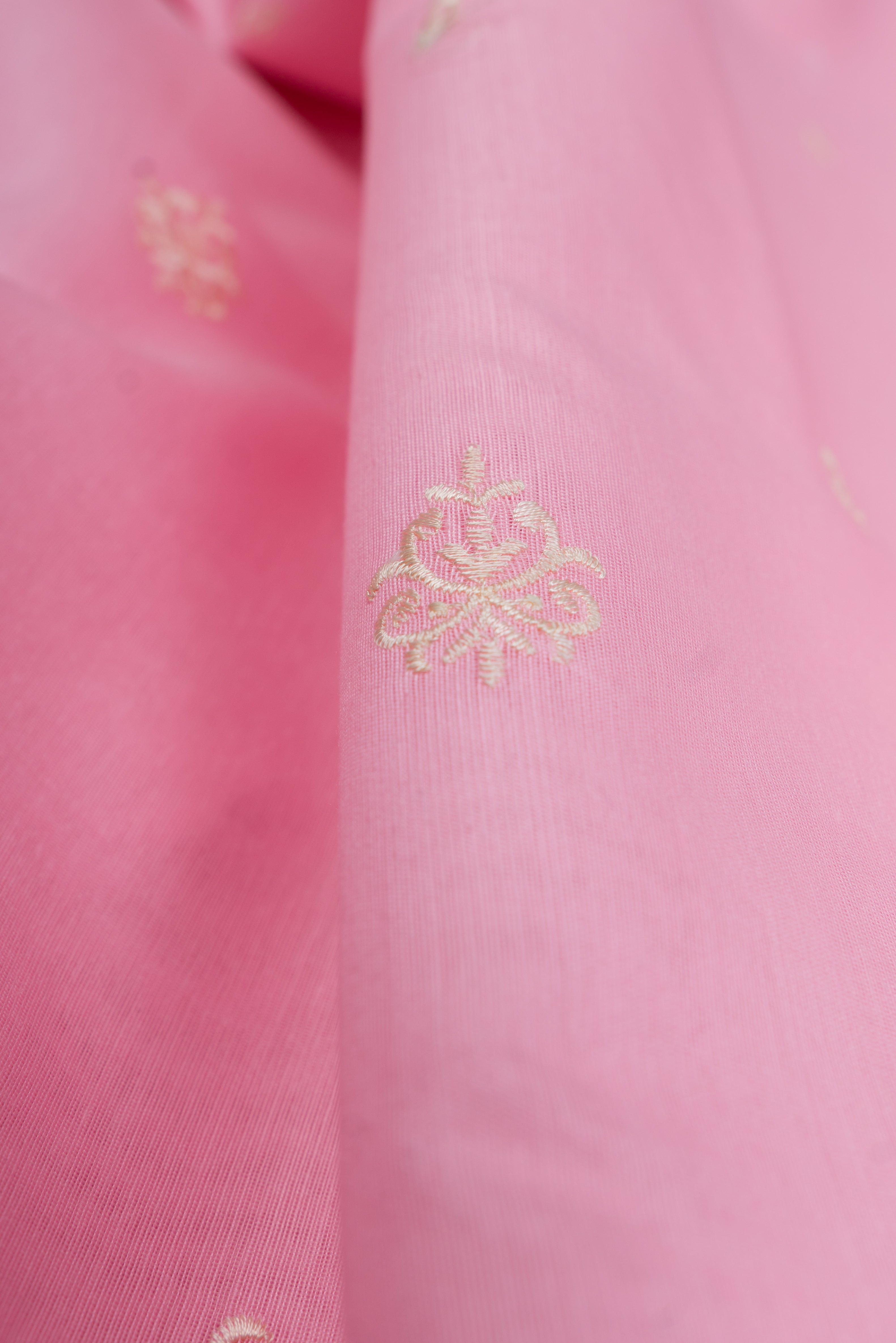 Pastel Pink Cotton Saree with Resham threadwork and butti