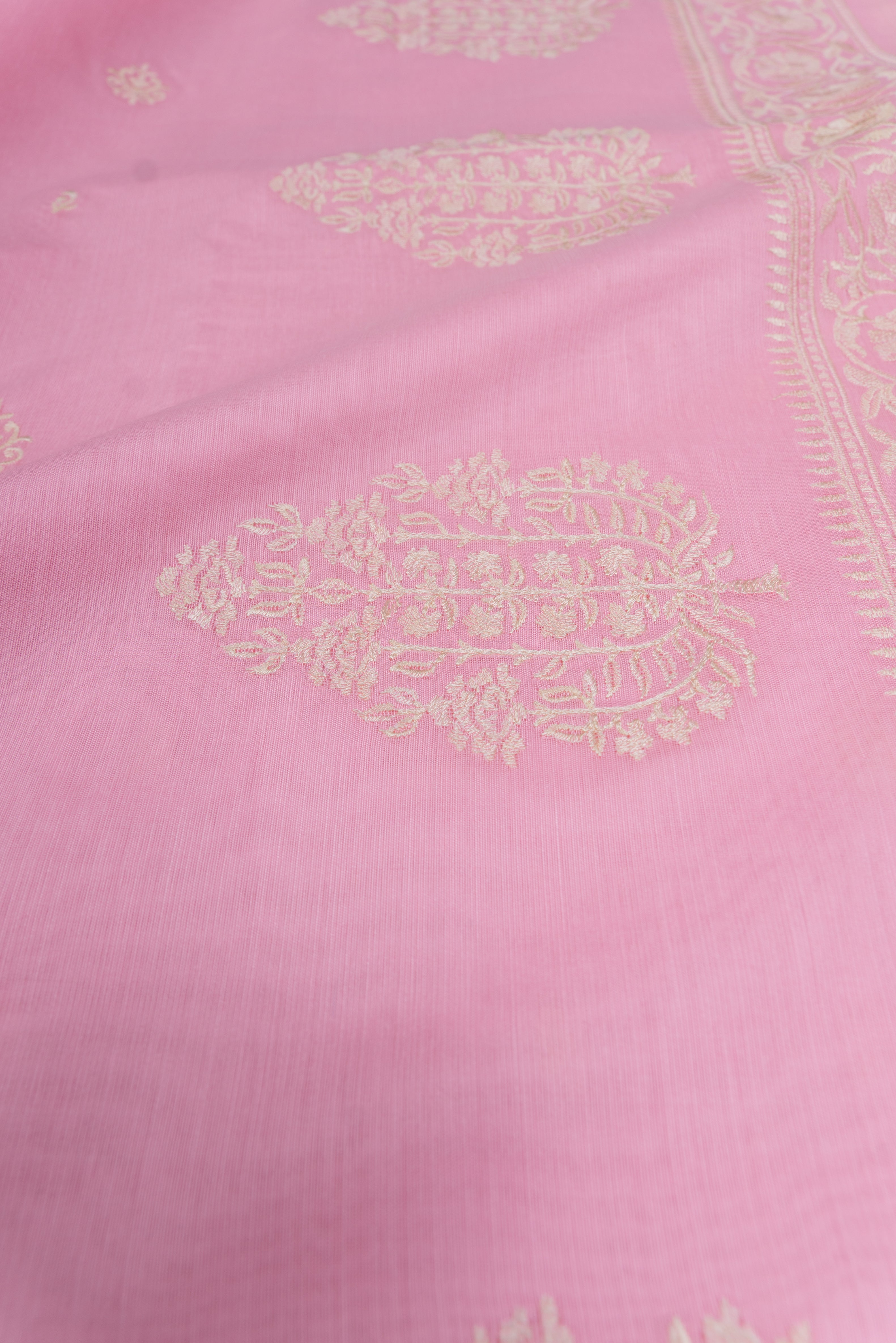 Pastel Pink Cotton Saree with Resham threadwork and butti