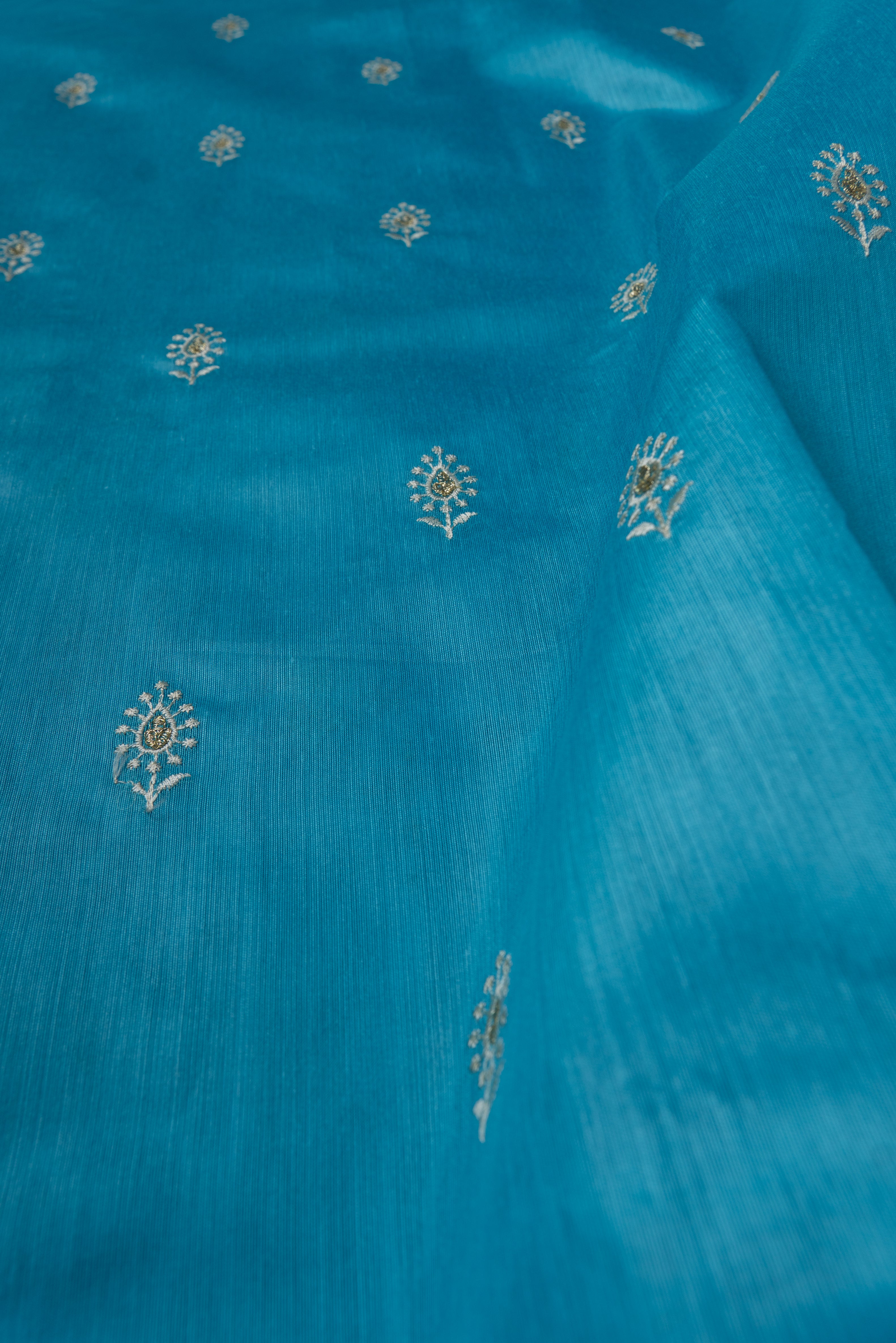 Pastel Blue Cotton Saree with Mukul butti and Resham Pallu